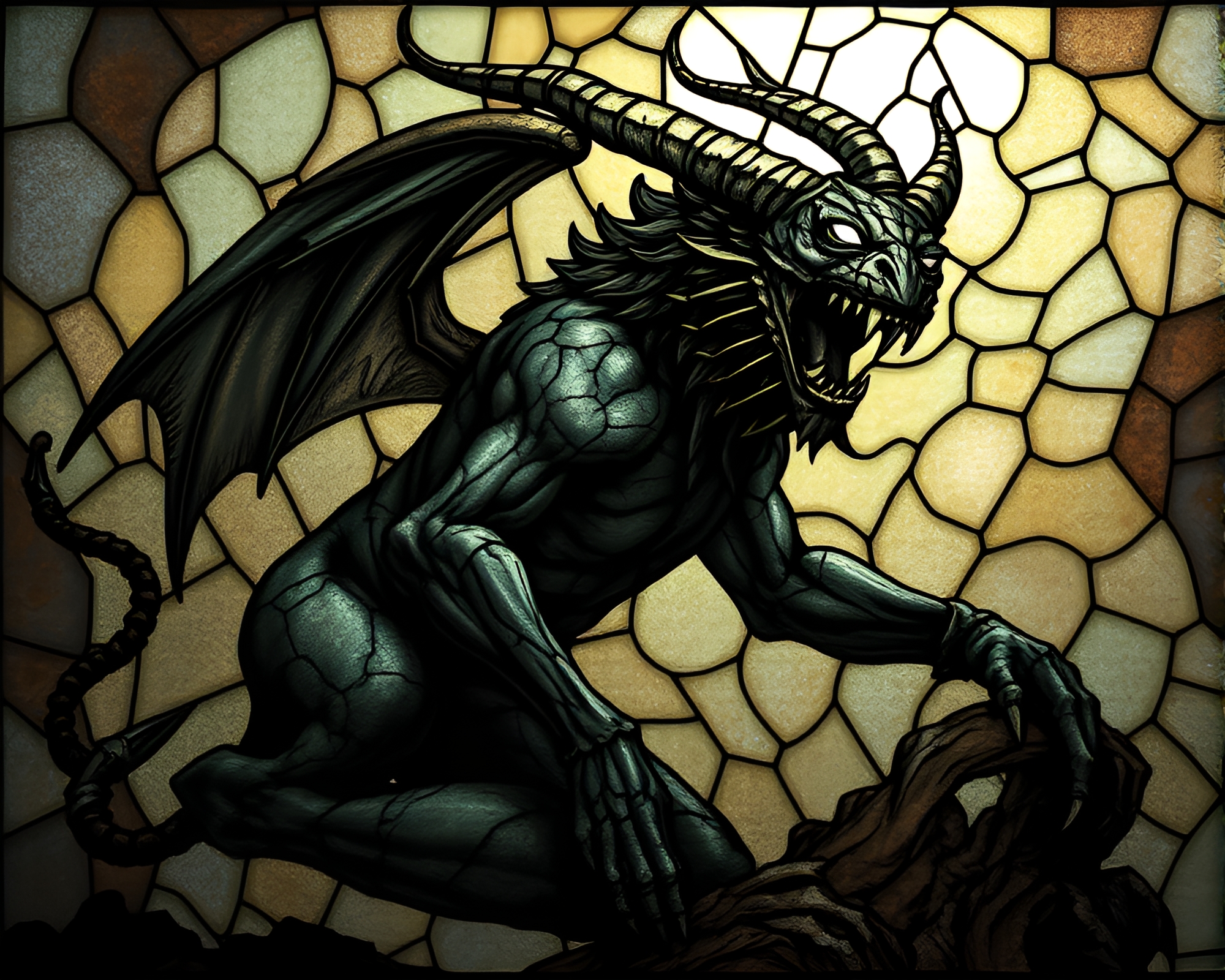 Cerberus Descends: Necromantic Stained Glass Vision – free AI stock image
