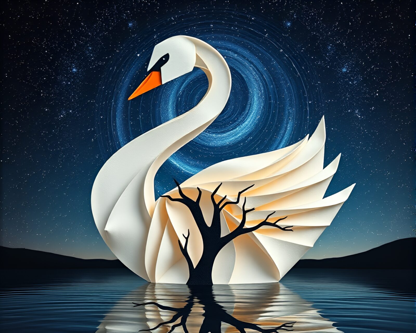 Surreal swan crafted from tree rings under starry sky