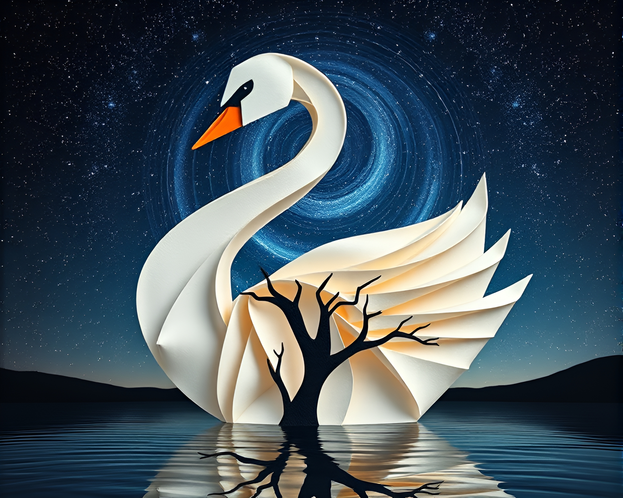 Op Art Origami Swan in Starlit Tree Ring Pattern – free AI stock image
