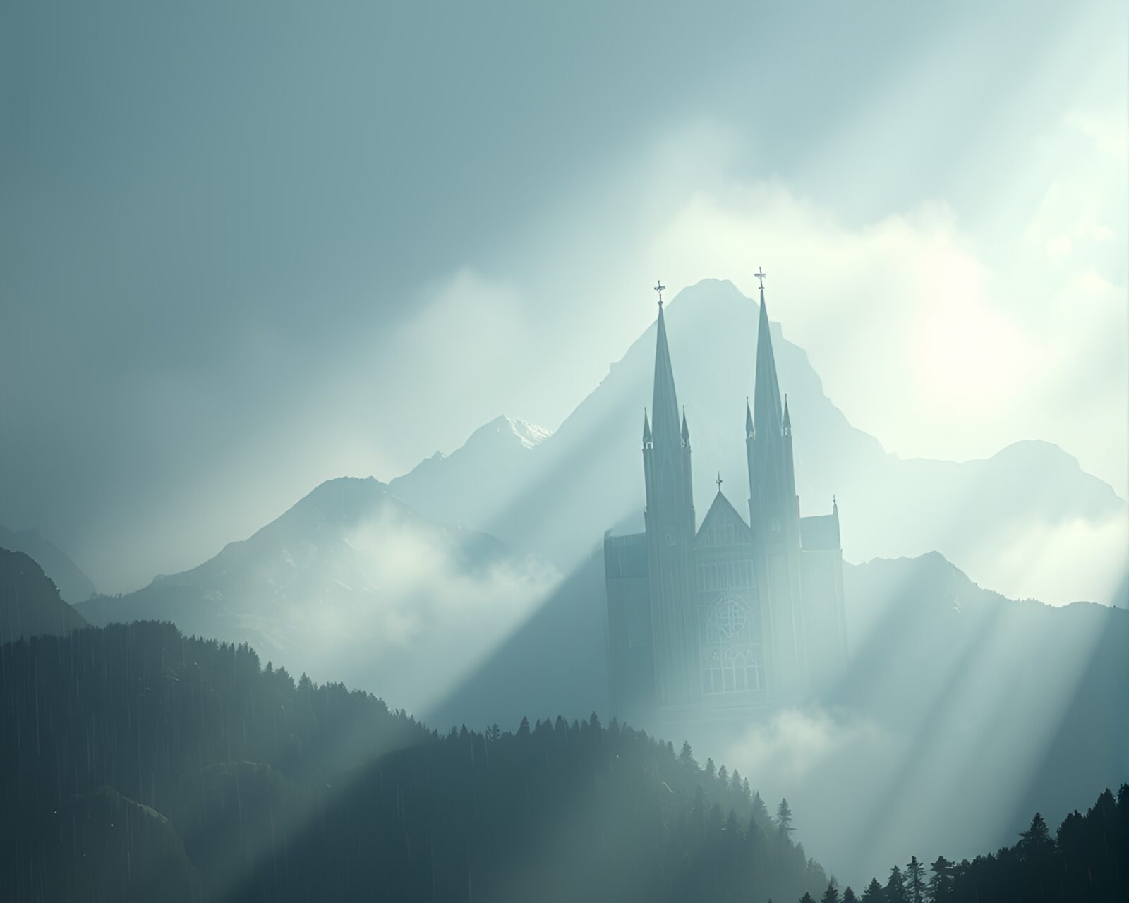 A stunning 3D render of a misty mountain with rain droplets and cathedral stained light filtering through