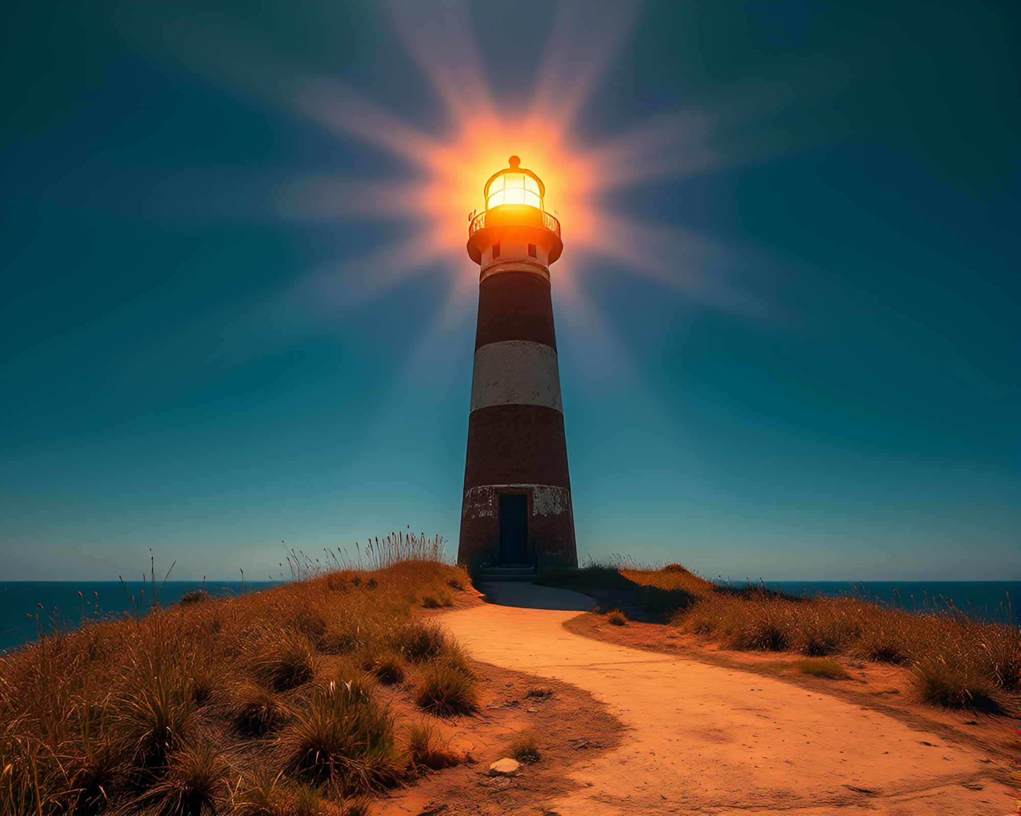 Golden Spiral Illuminating Deserted Lighthouse at Noon – free AI stock image