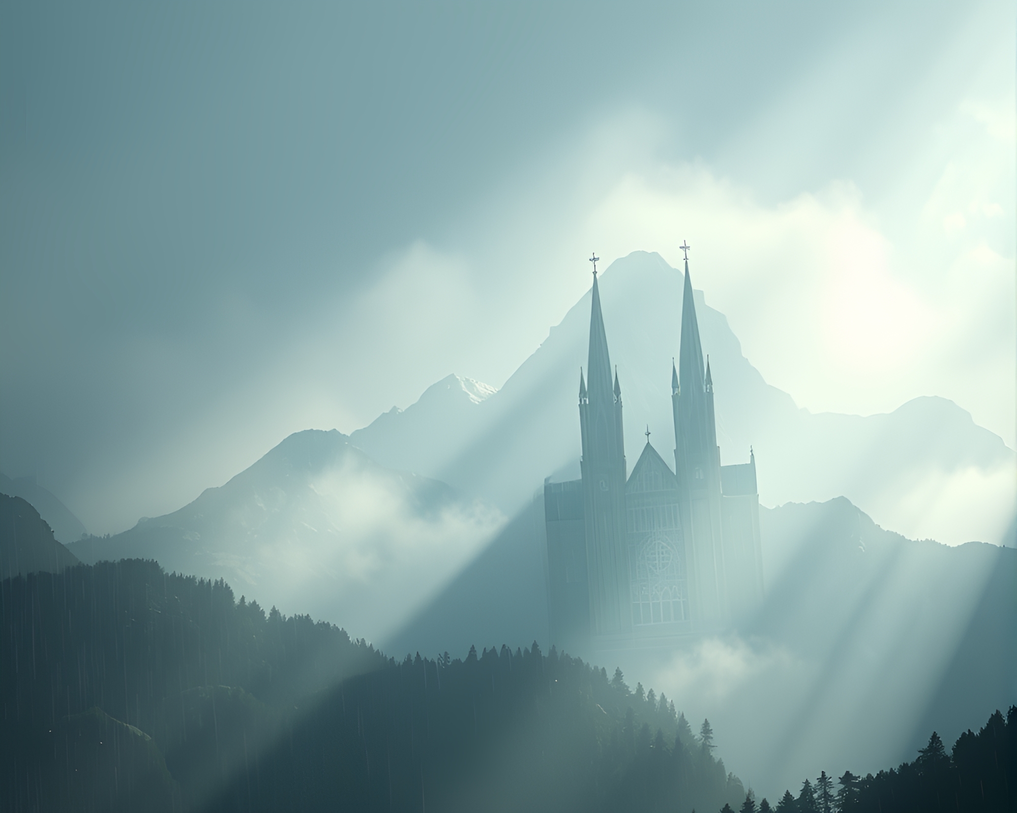 Mist-shrouded Mountain Cathedral: Rain Droplets High-Poly Render – free AI stock image