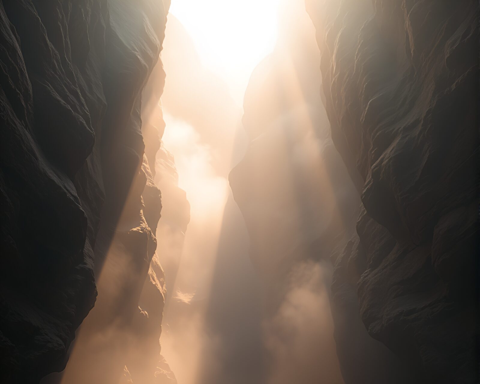 Colorful prisms refracting light in a foggy canyon.