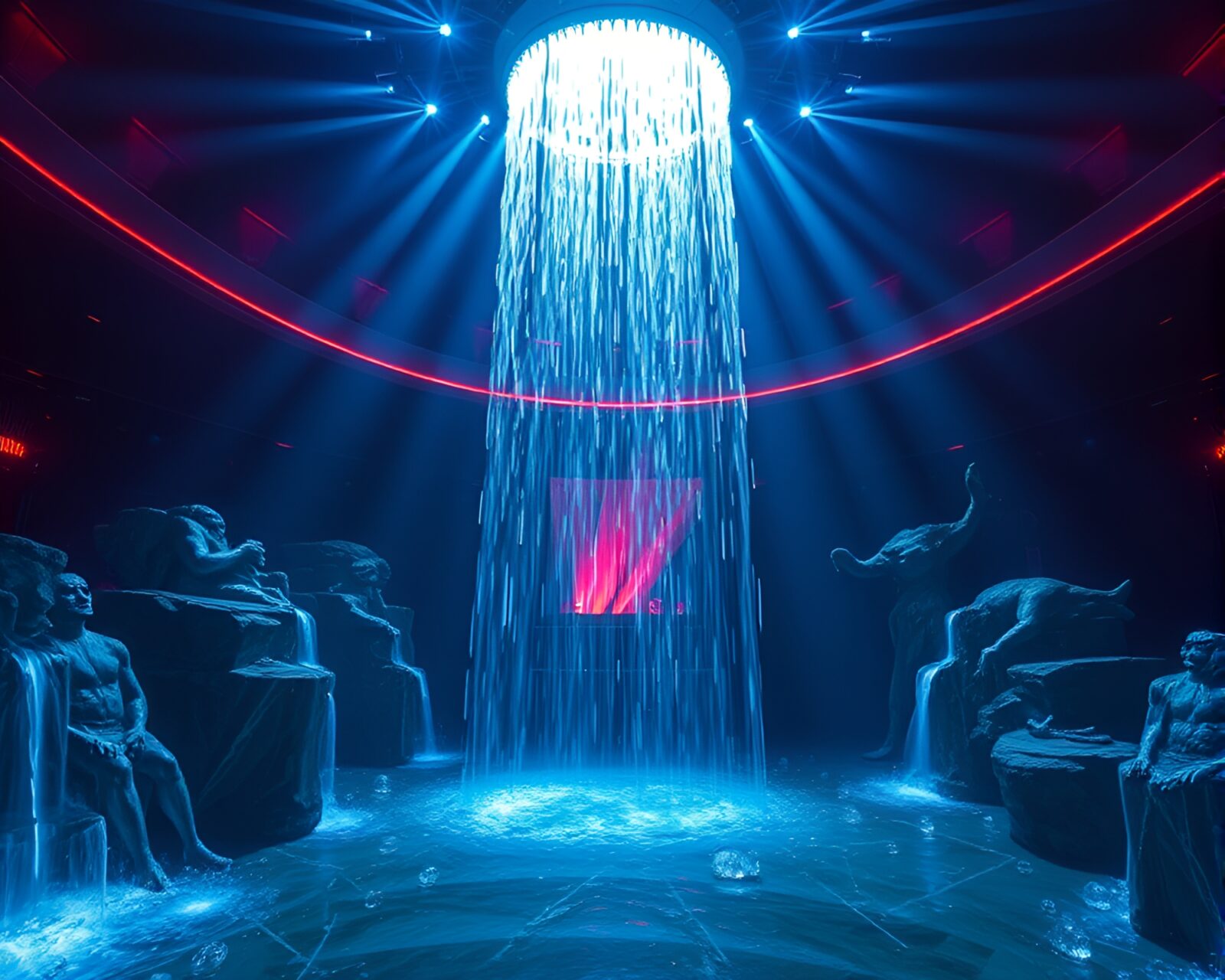 Vibrant waterfall scene with club strobe lights illuminating dancers