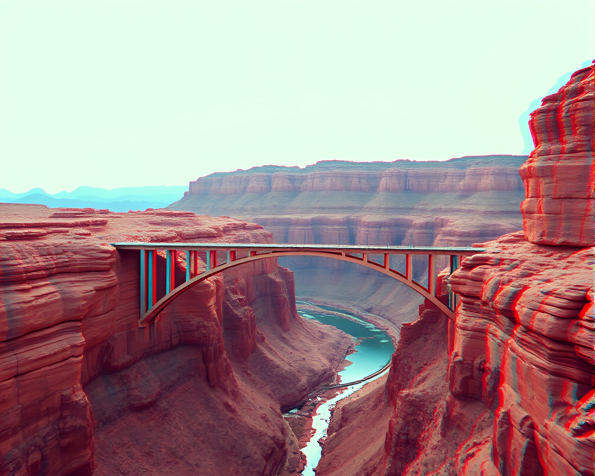 3D Bridge Over Rust Canyon in Dot Matrix Style – free AI stock image