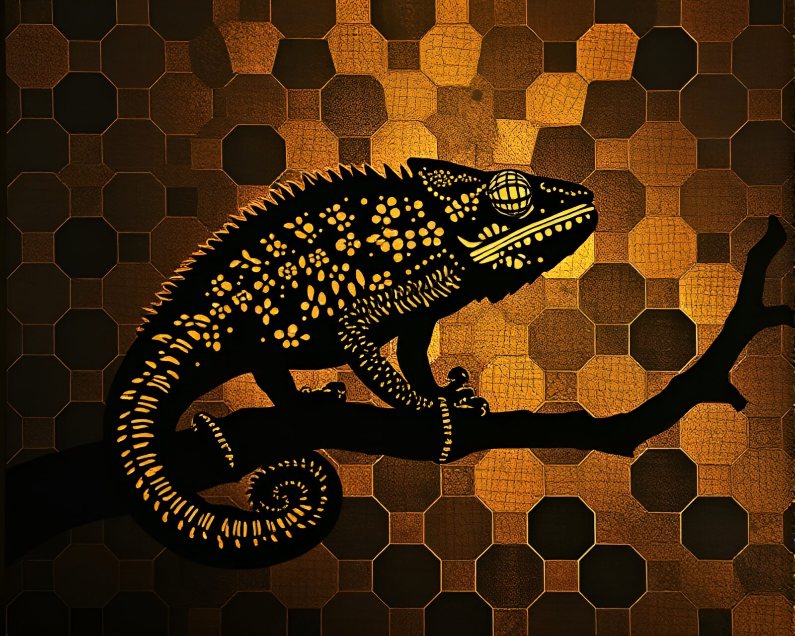 Dramatic chiaroscuro lighting on chameleon stencil art in hexagonal tiling