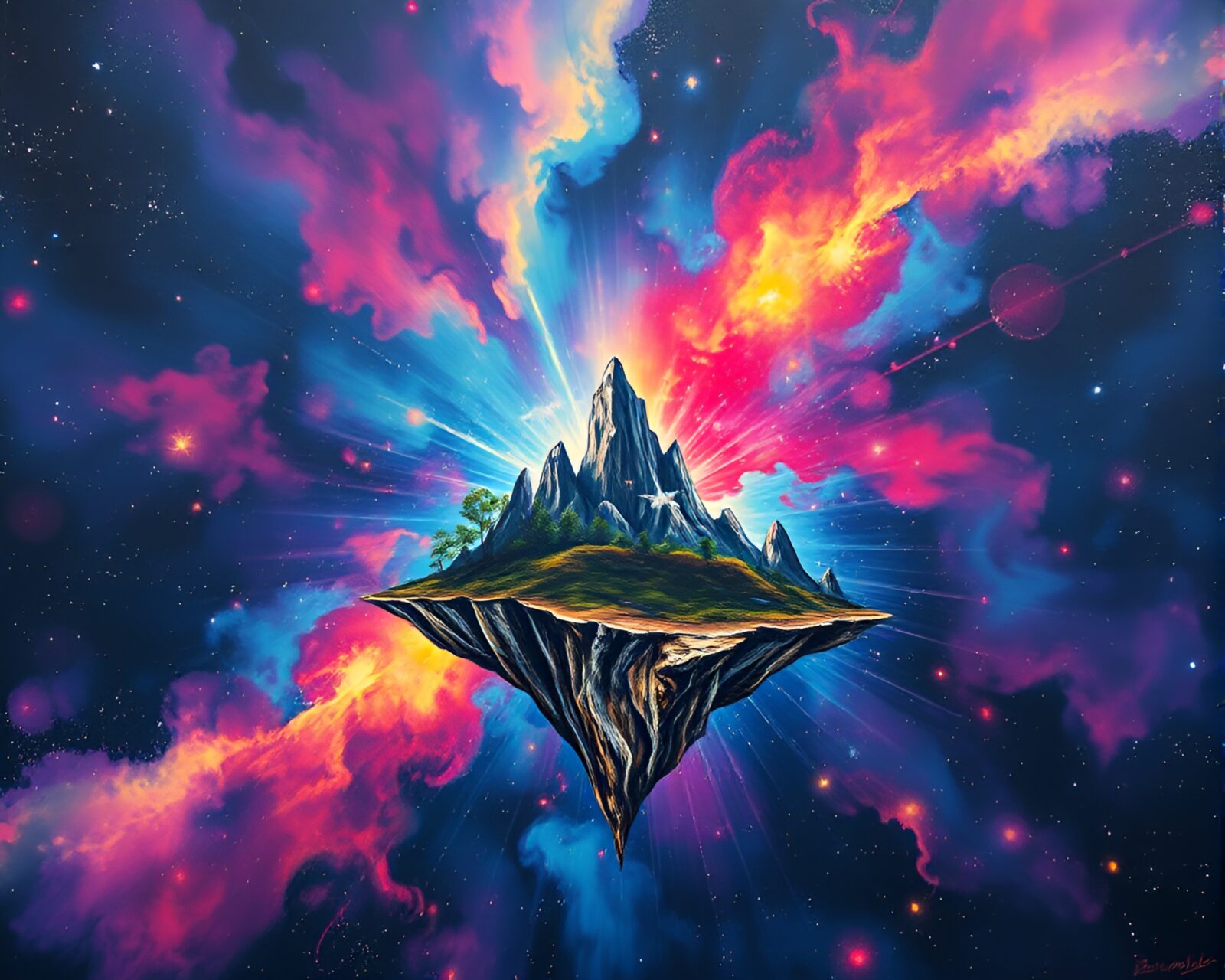 Vibrant island in cosmic colors with spray paint graffiti