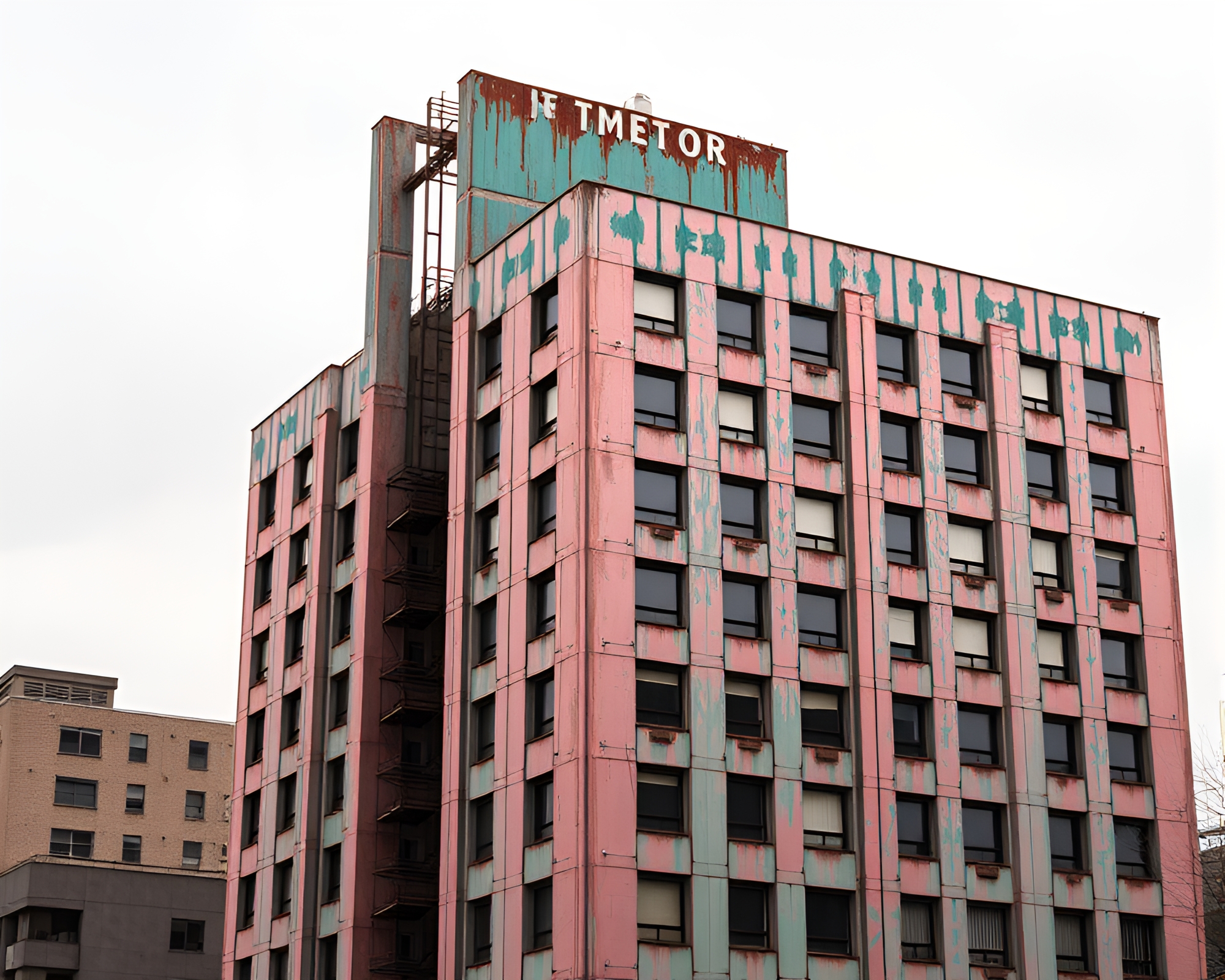Surreal Brutalist Copper Building with Pink Glitch Lighting – free AI stock image