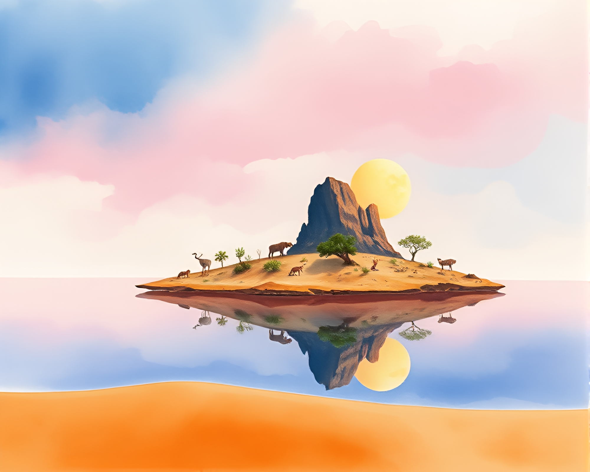 Hatchlings on Desert Floating Island Watercolor – free AI stock image