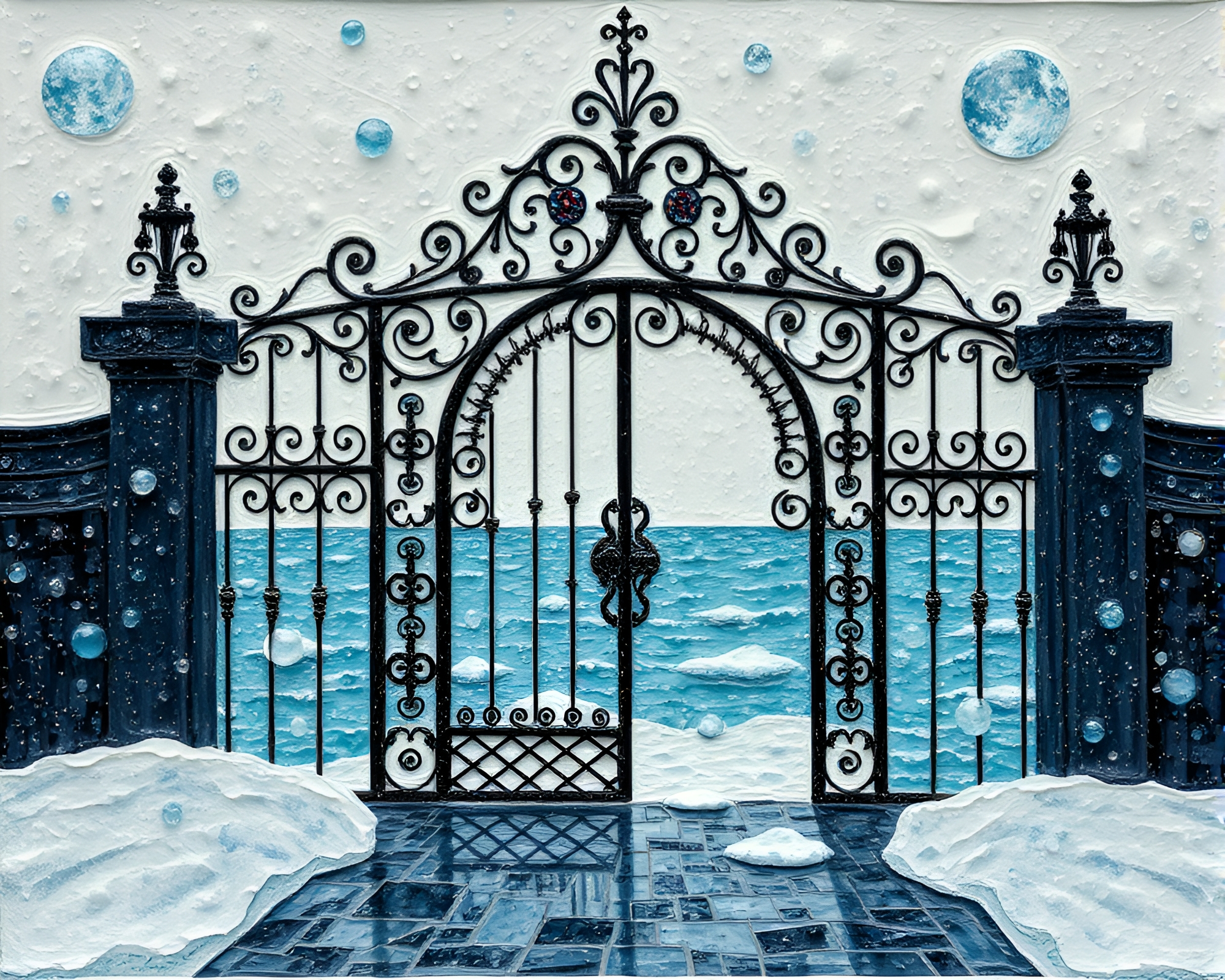 Glassy Beads on Arctic Iron Gate Collage – free AI stock image