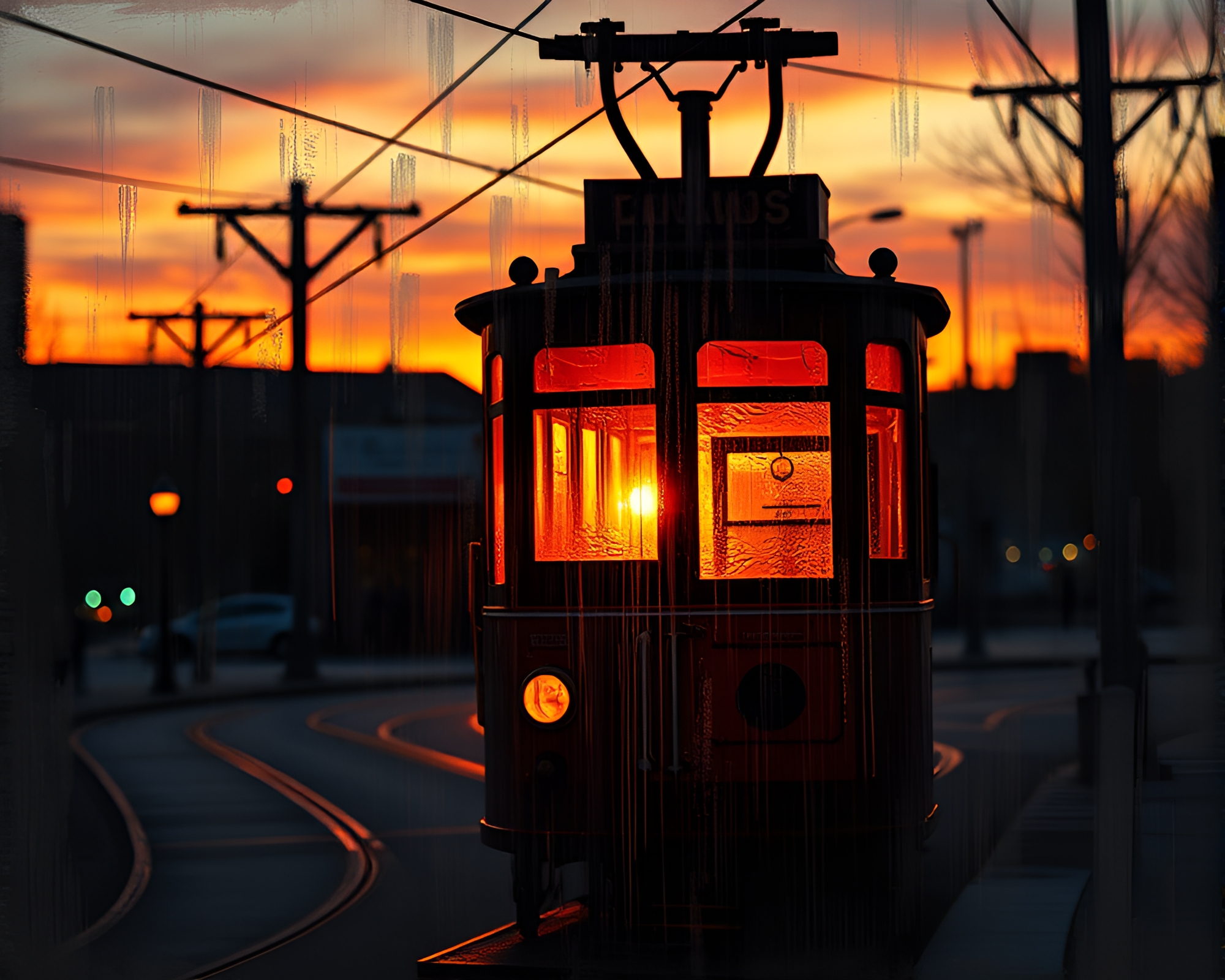 Sunset Cable Car in Stained Glass Chalkboard Landscape – free AI stock image
