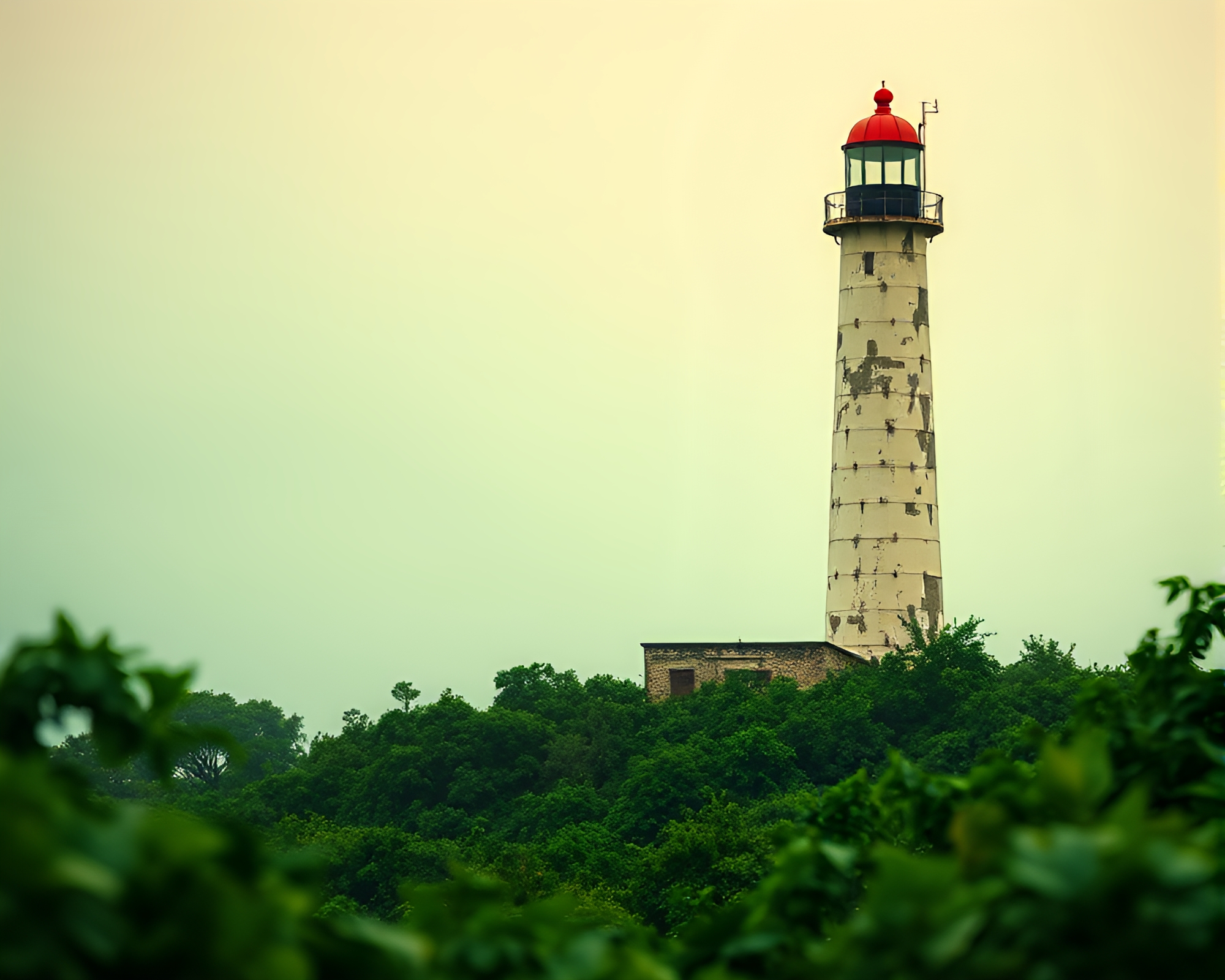 Abandoned Lighthouse in Emerald Rainforest Haze – free AI stock image