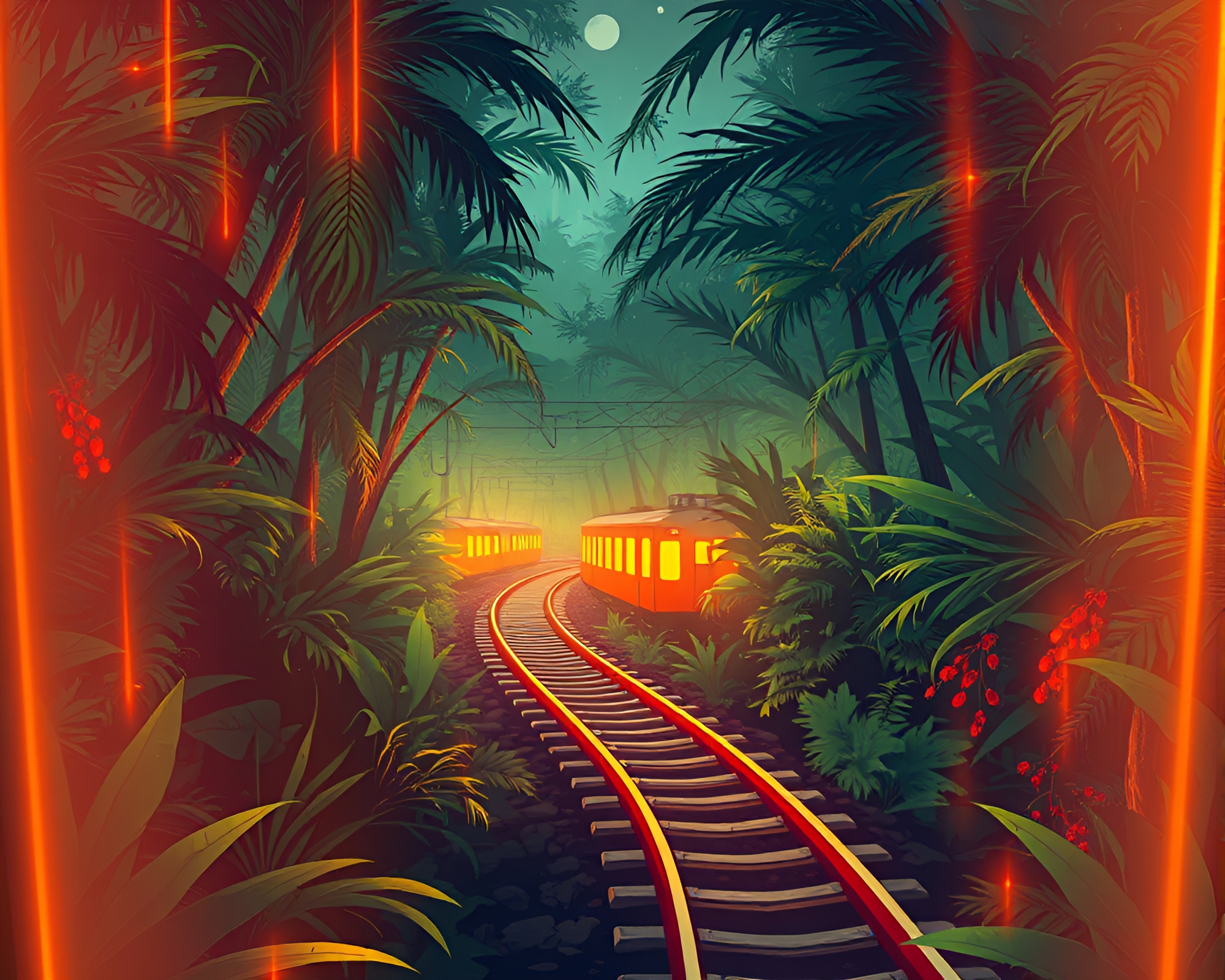 Futuristic Jungle Train Light Trails Illustration – free AI stock image