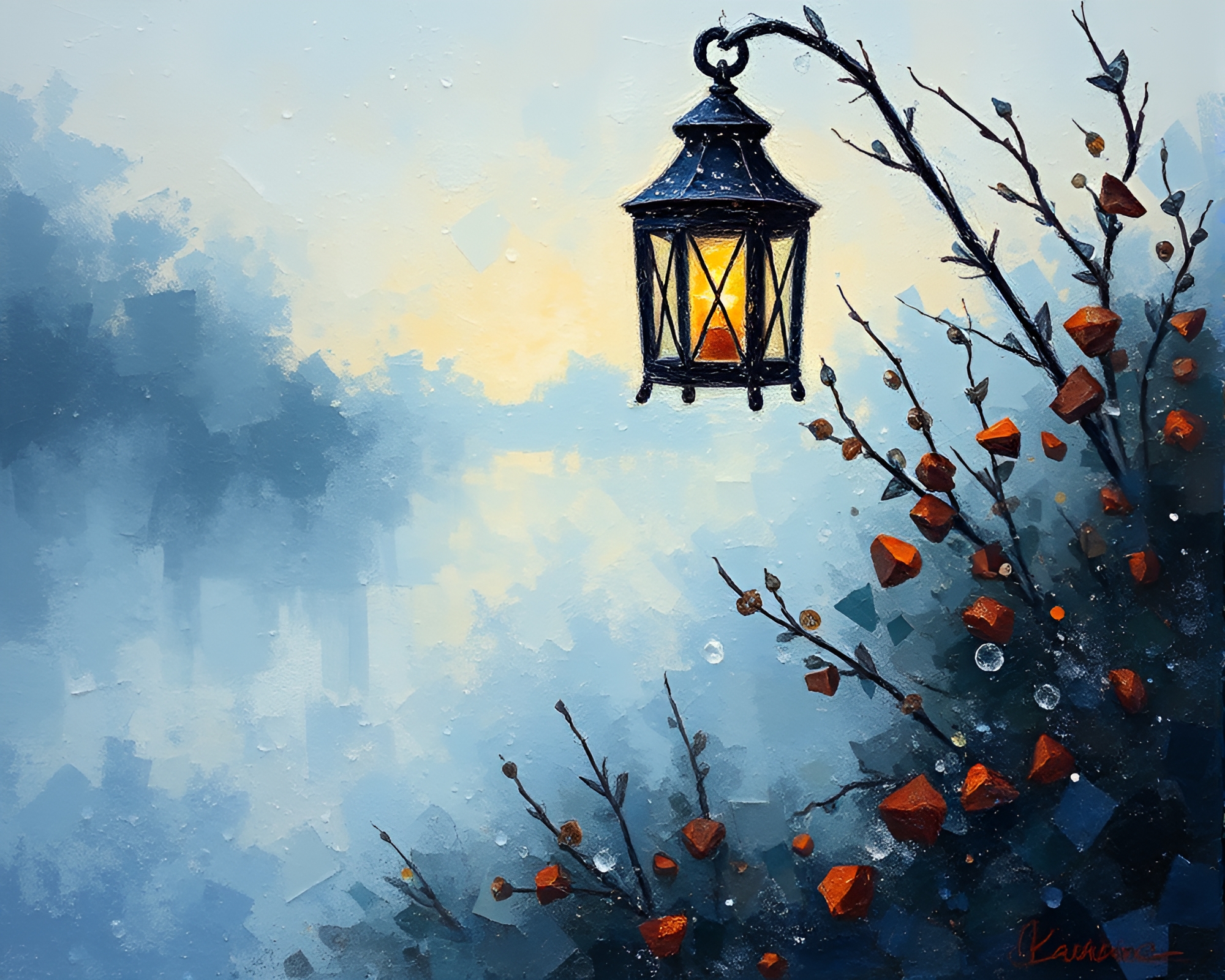 Dawn Lantern Embers: Glass Shards Palette Knife Painting – free AI stock image