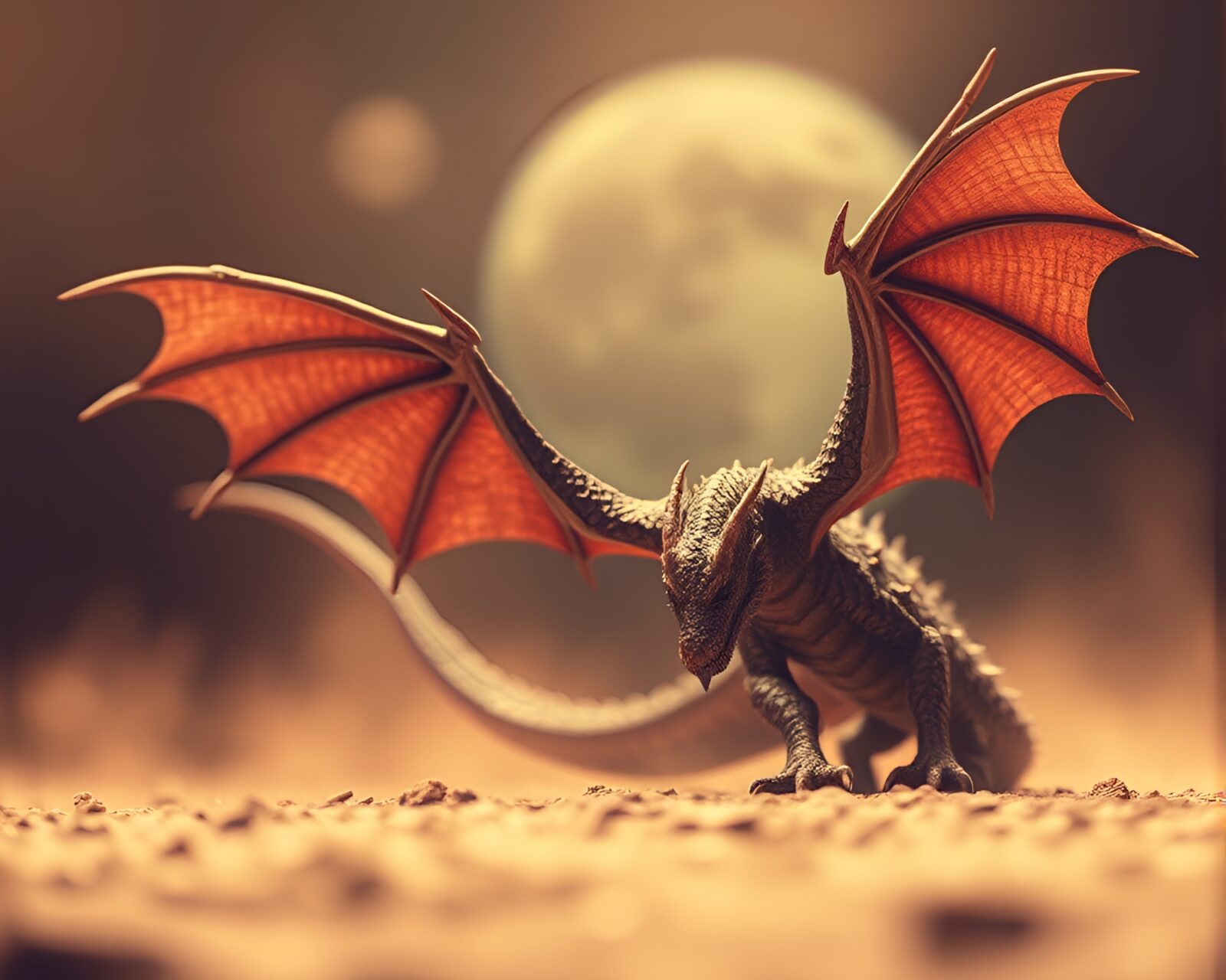 Gentle dragon surrounded by hazy pastel planets in sepia