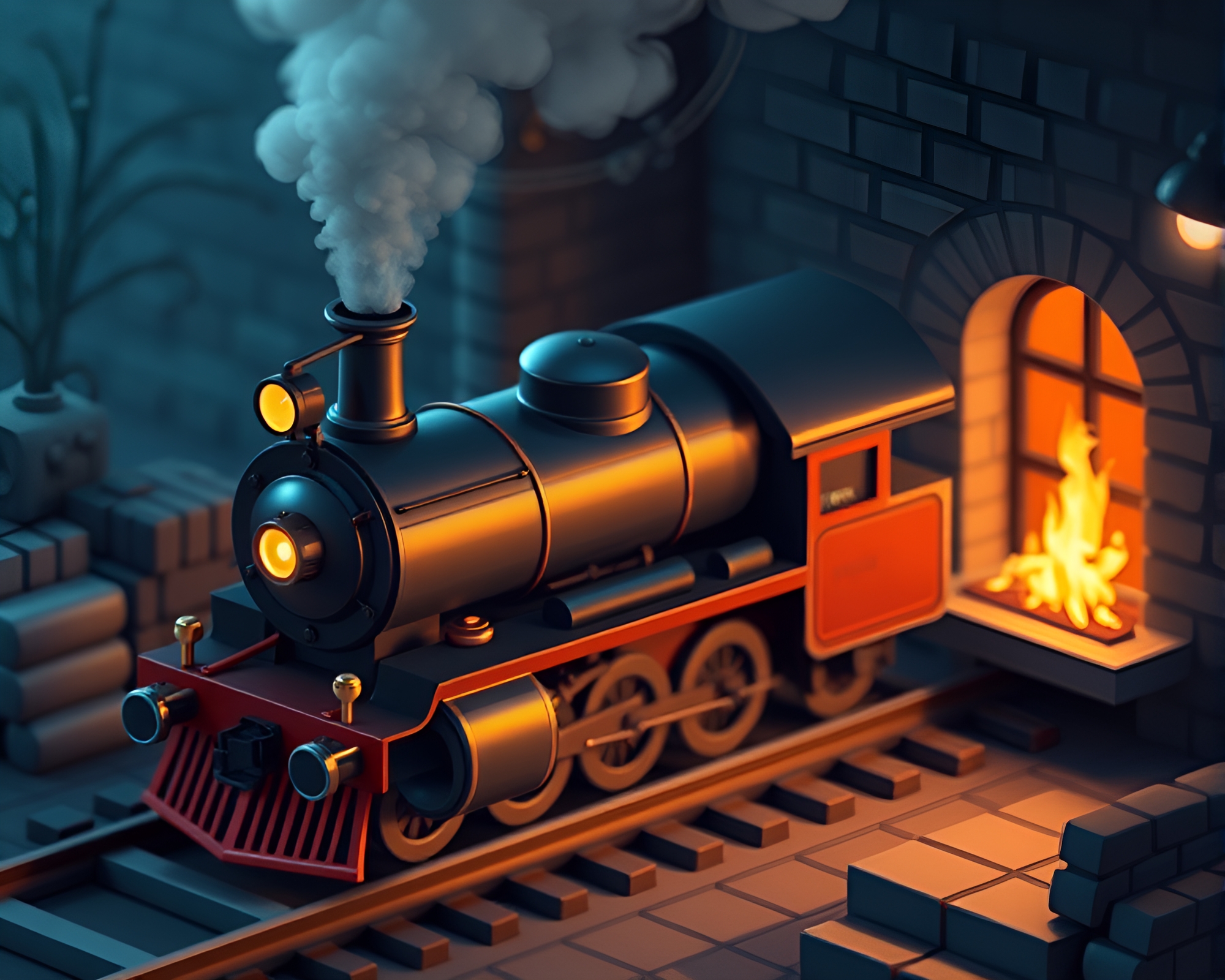 Isometric Steam Locomotive Near Fireplace – free AI stock image