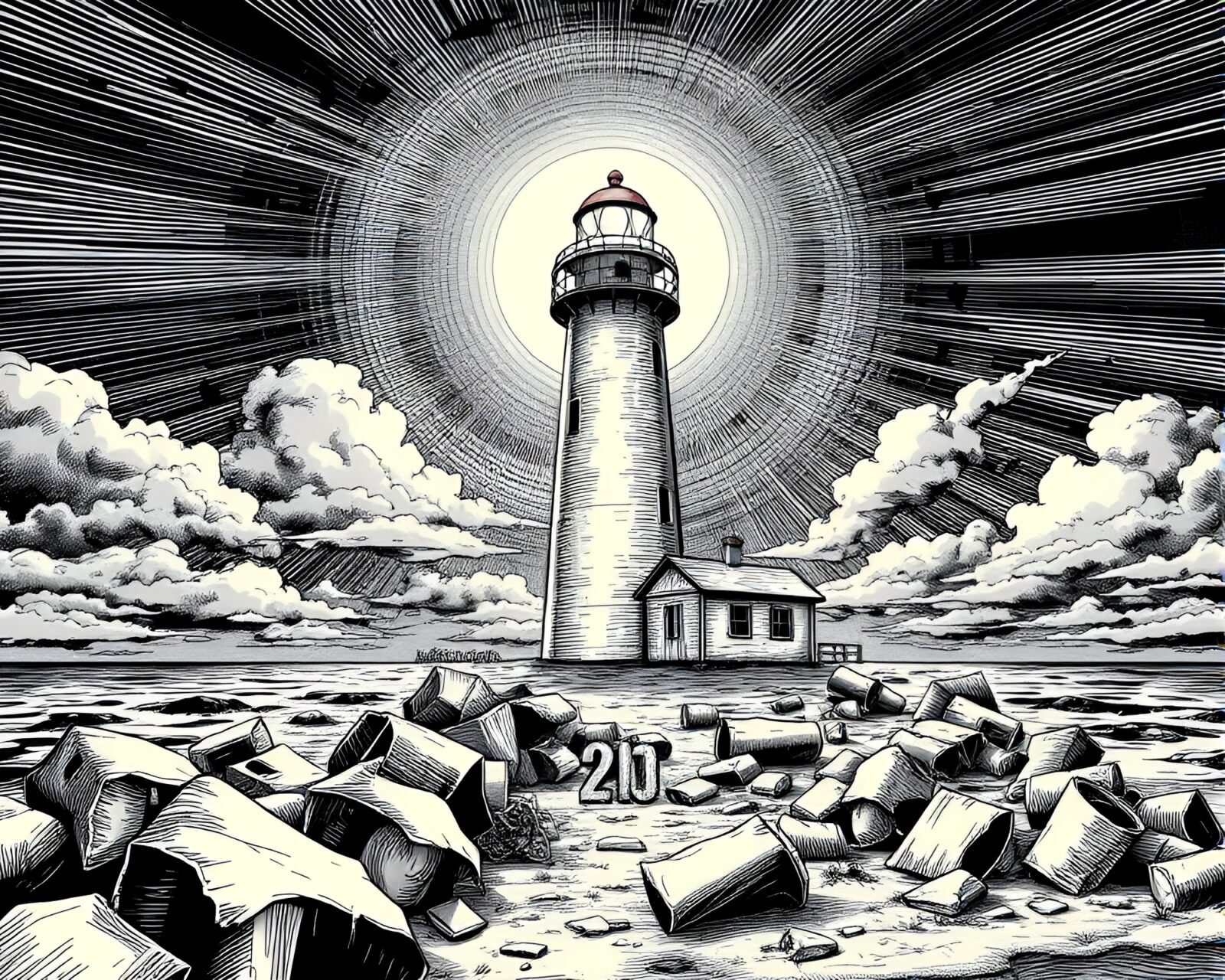 Brightly lit midday scene of abandoned lighthouse in comic style