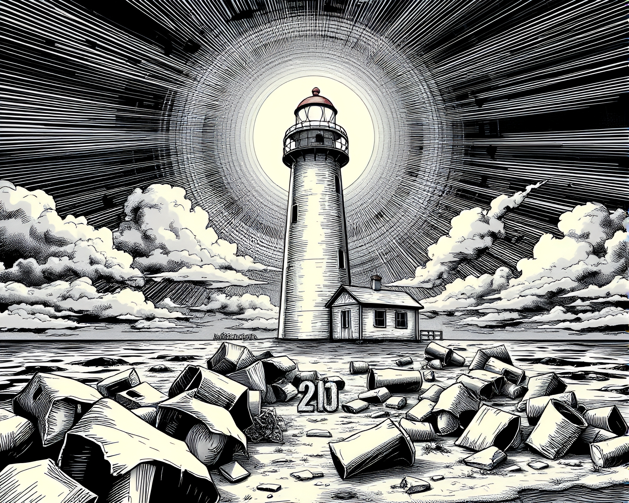 Abandoned Lighthouse in Comic Book Style Crosshatching – free AI stock image