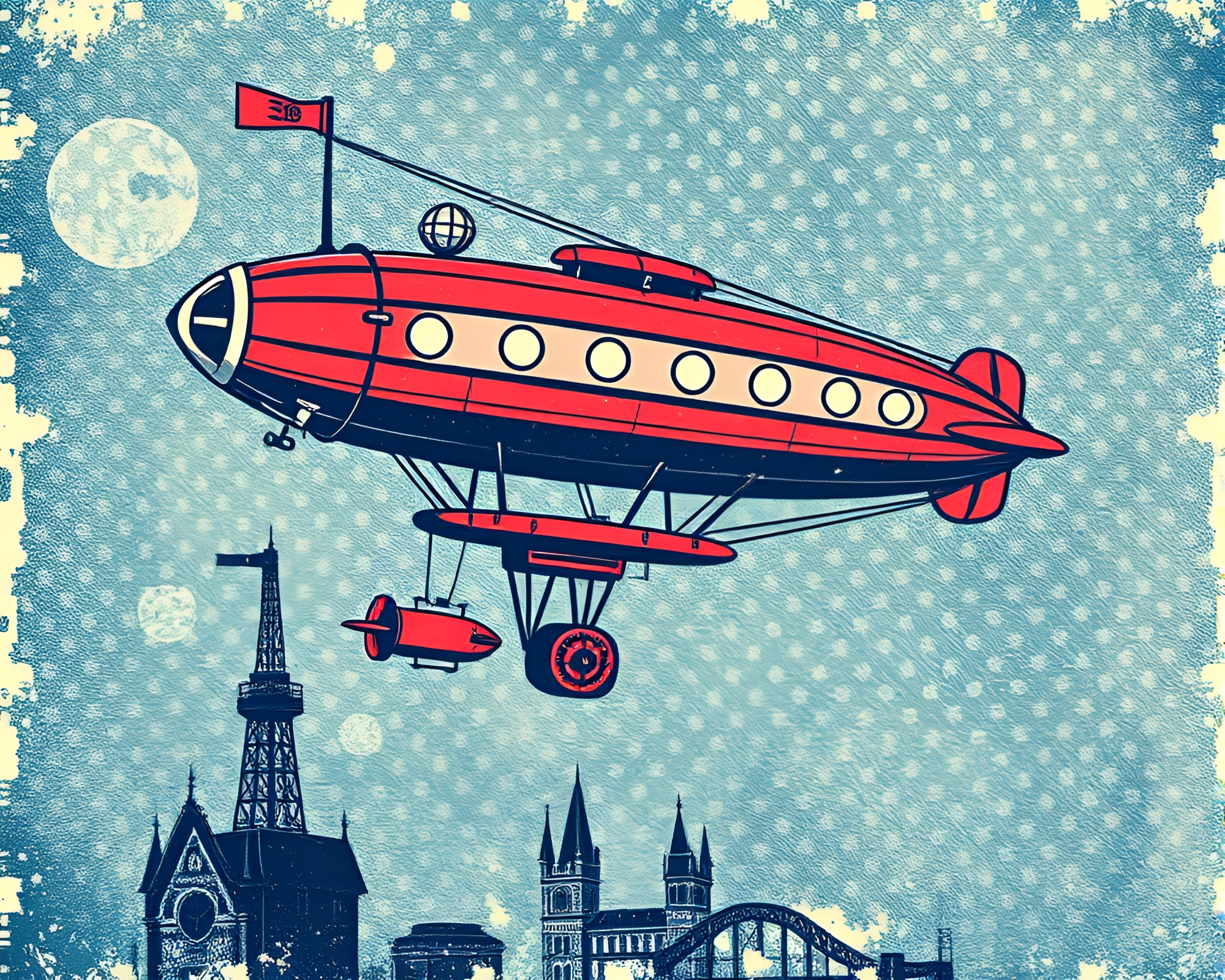 Steampunk Airship in Comic Book Style Screenprint Dots – free AI stock image