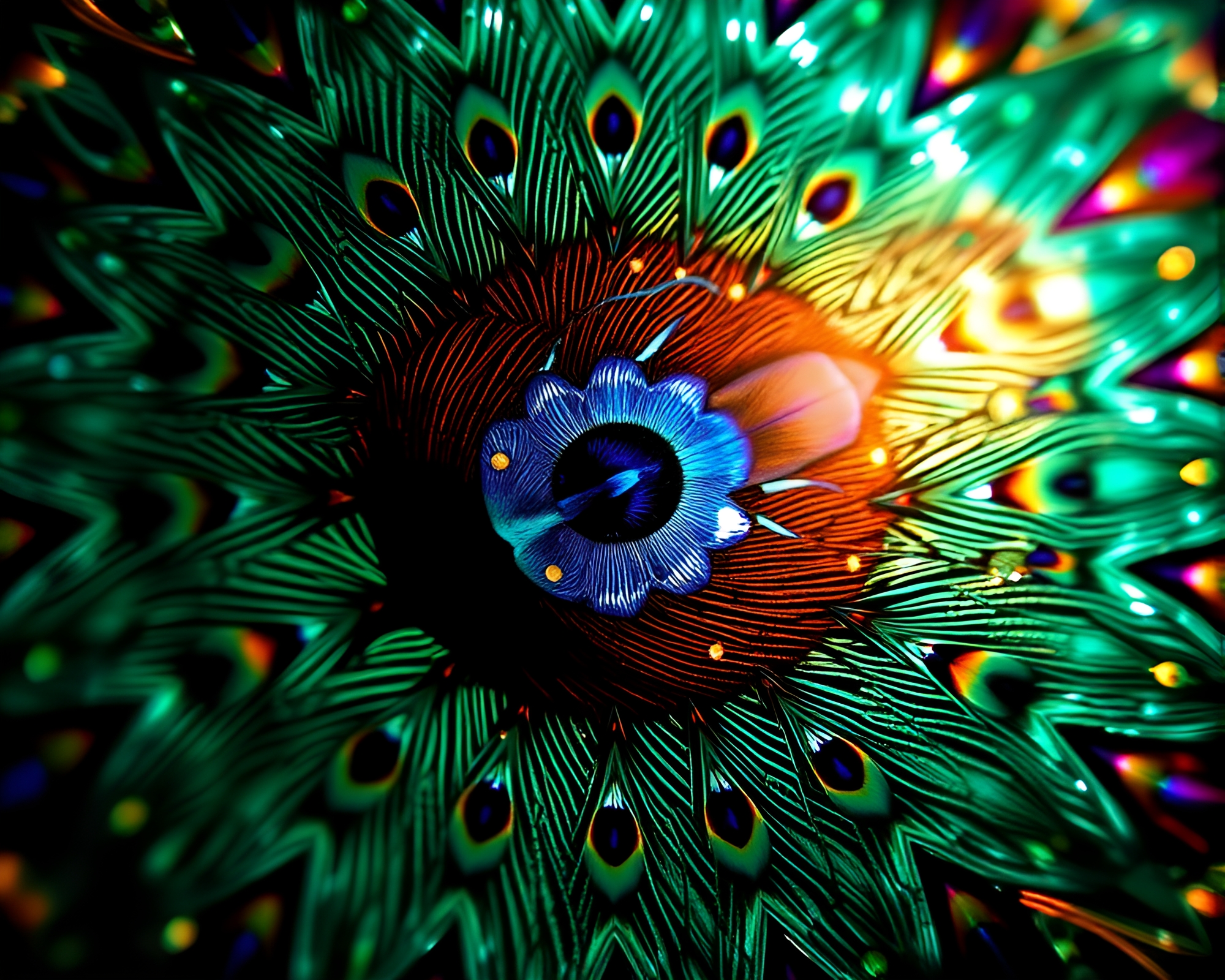 Glowing Peacock Feather Kaleidoscope Art – free AI stock image