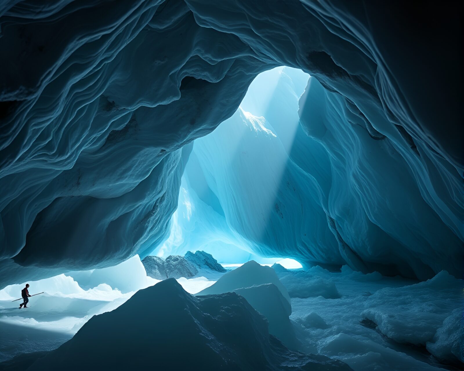 Mysterious glacial cave with barcode stripes under low light