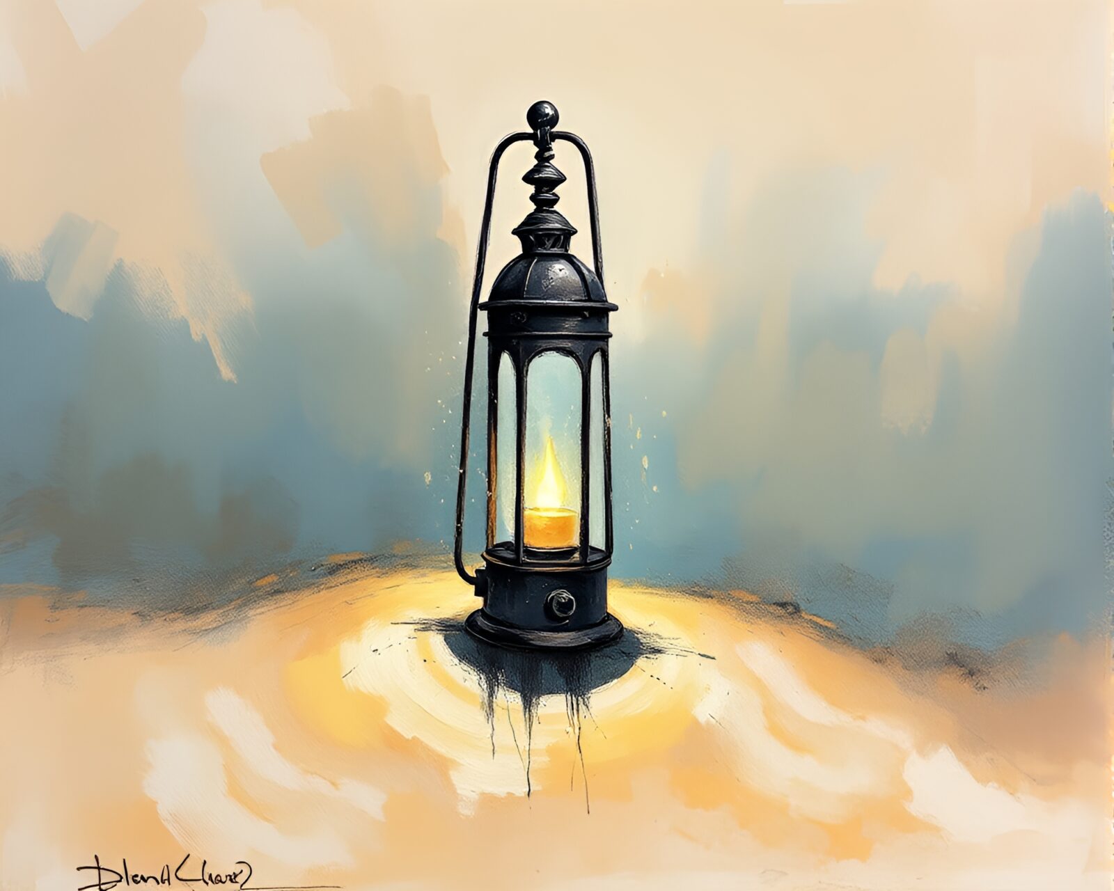 Abstract oil painting of ink splashes in desert with lantern glow