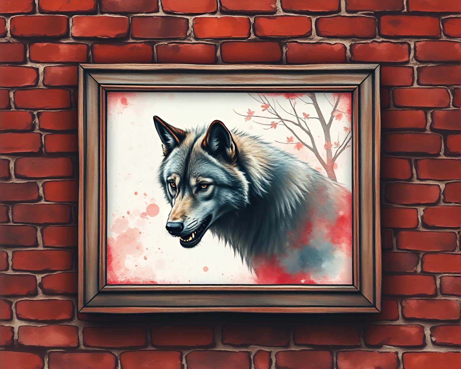 Watercolor painting of a werewolf framed in brick red depth