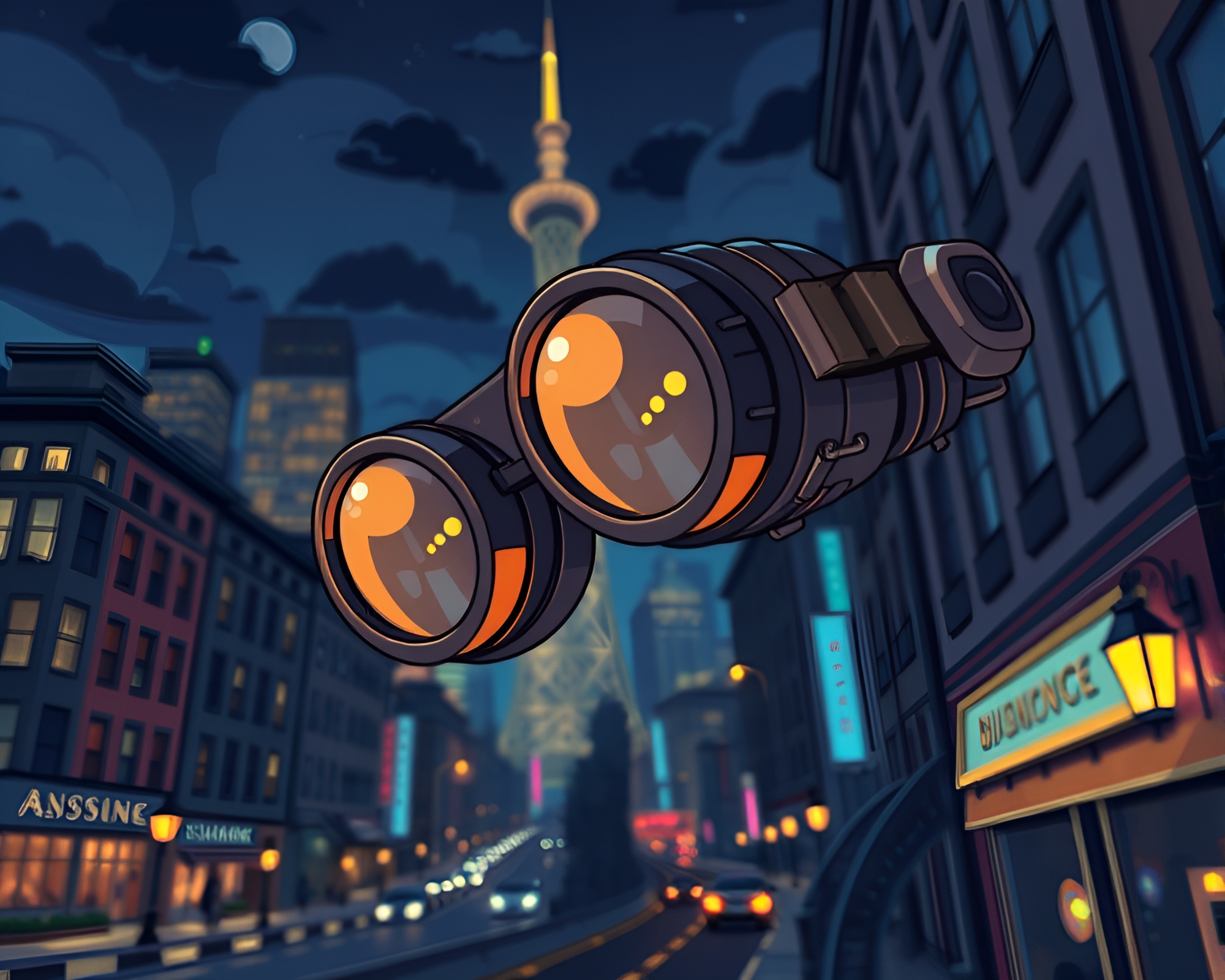 Steampunk Goggles in Tilted City Lights Fantasy Cartoon – free AI stock image