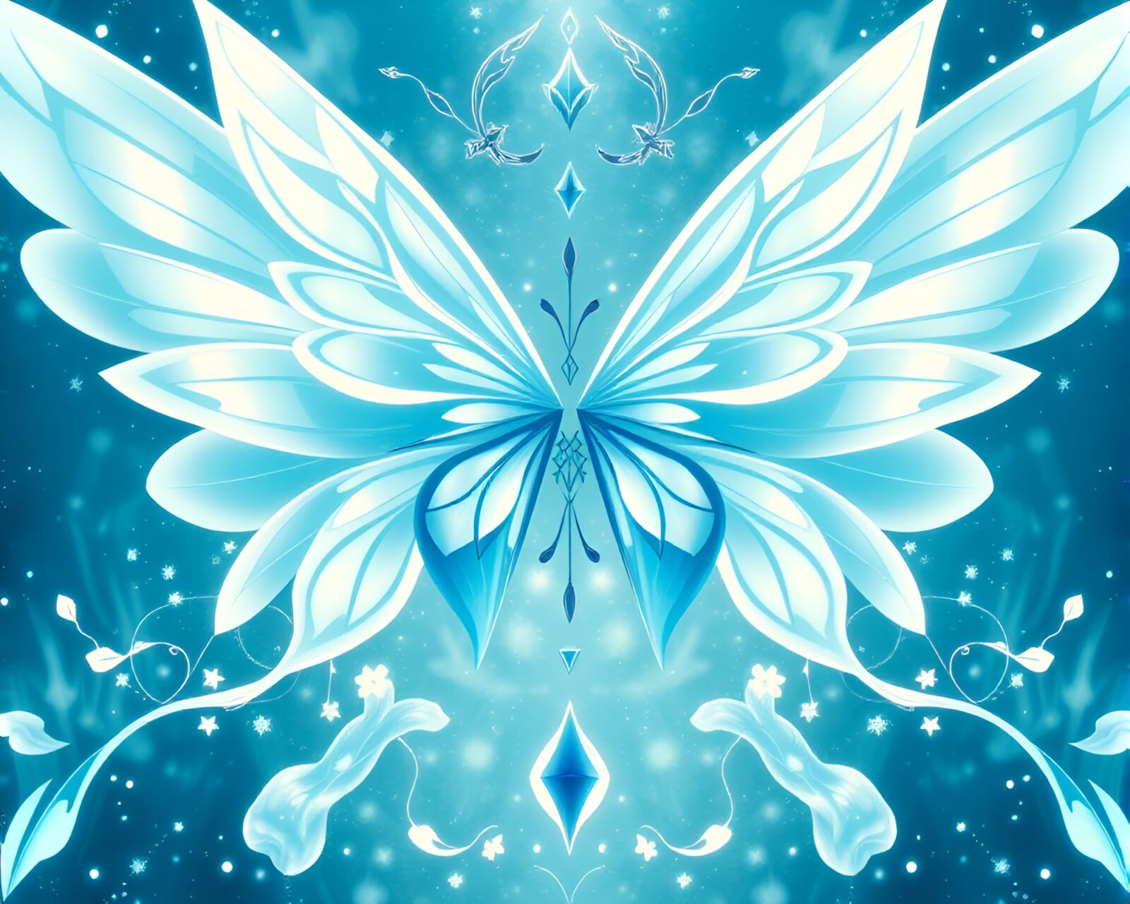 A symmetrical composition of an anime nymph surrounded by arctic blue light