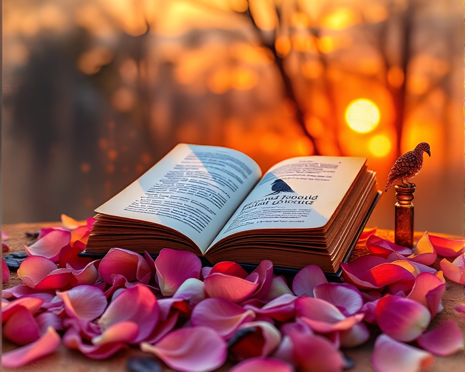 Golden hour dusk painting of flower petals and Poe book in watercolor