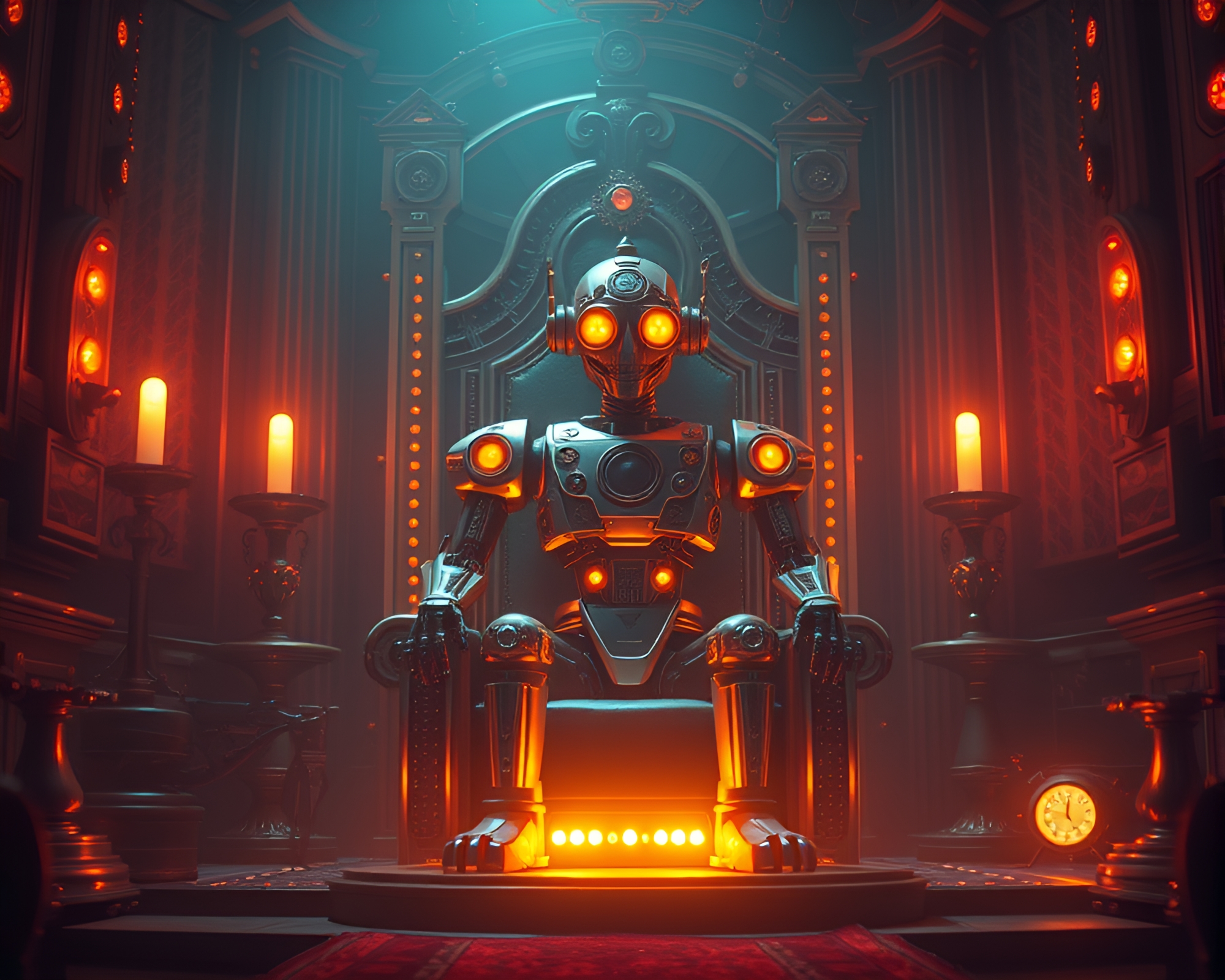 Steampunk Robot King in Glowing Throne Room – free AI stock image