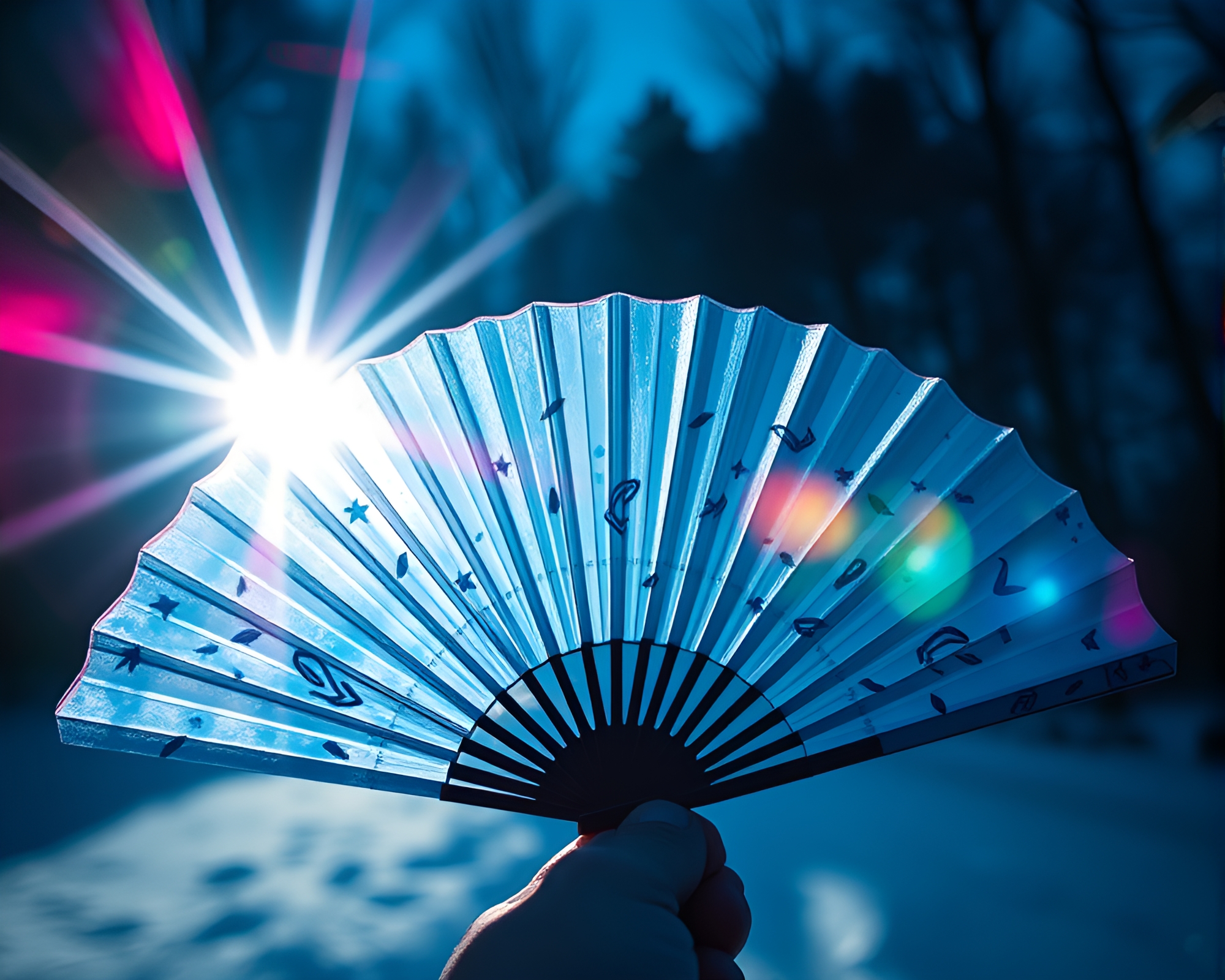 Arctic Blue Fan Casting Lens Flare Spell – free AI stock image