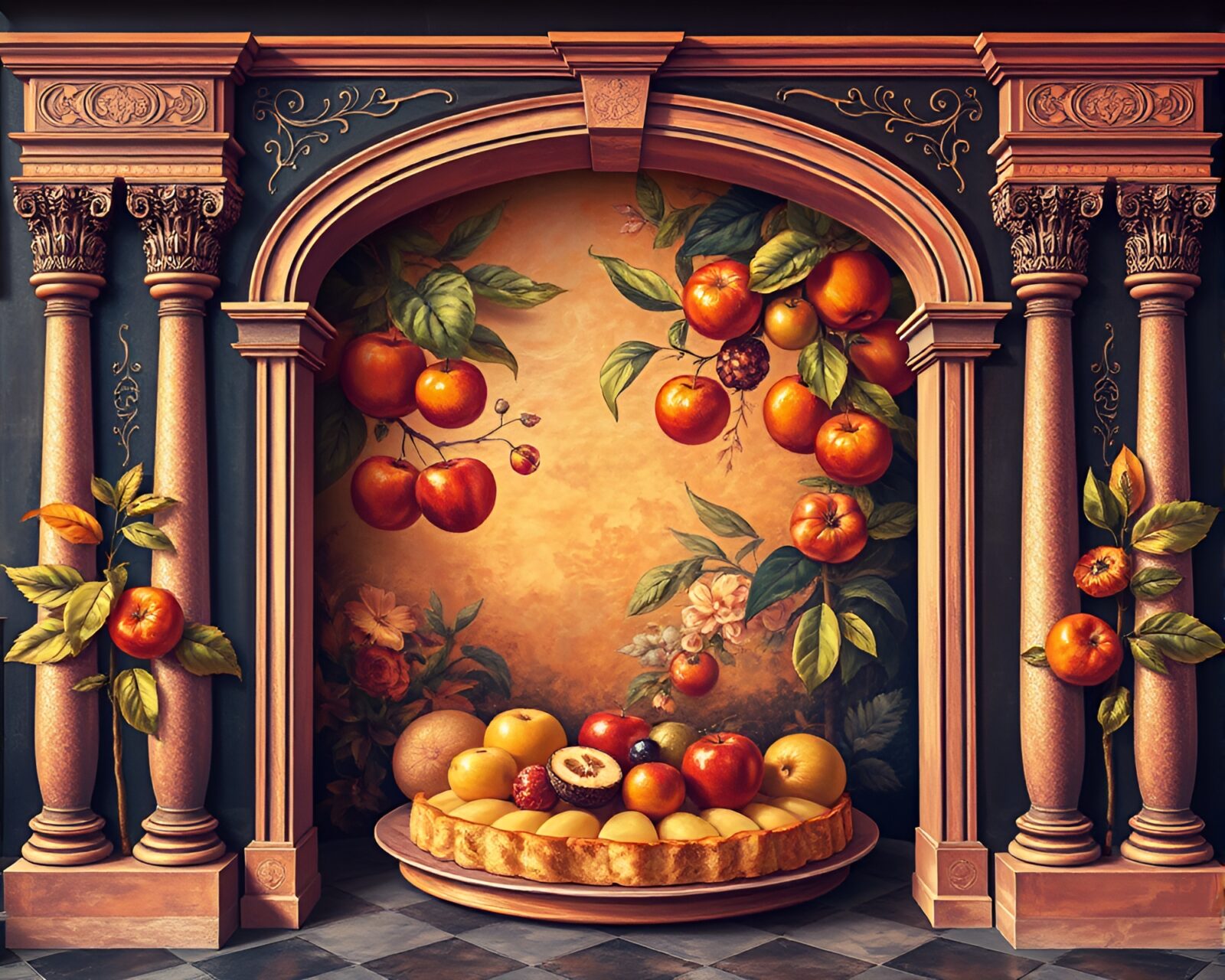 Vibrant infrared-hued mural of a luscious fruit tart