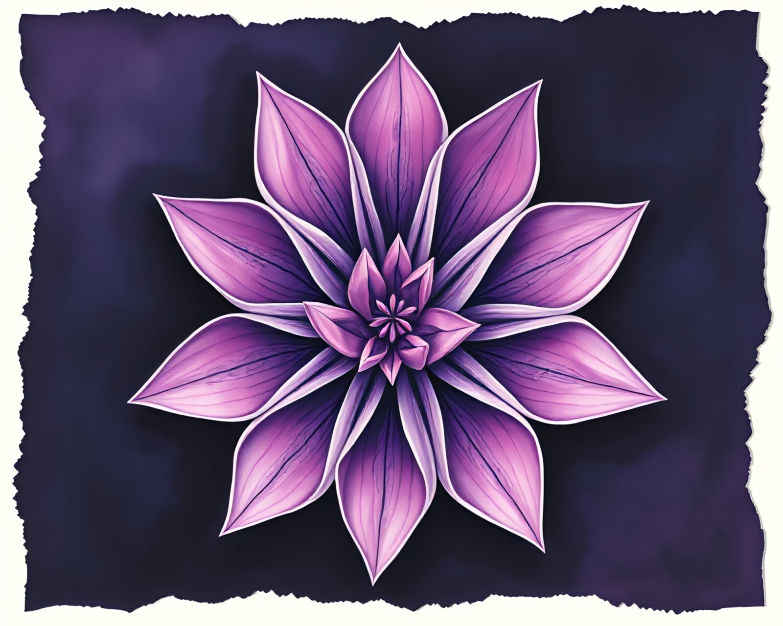 A mystical origami flower in twilight-purple tempera painting.