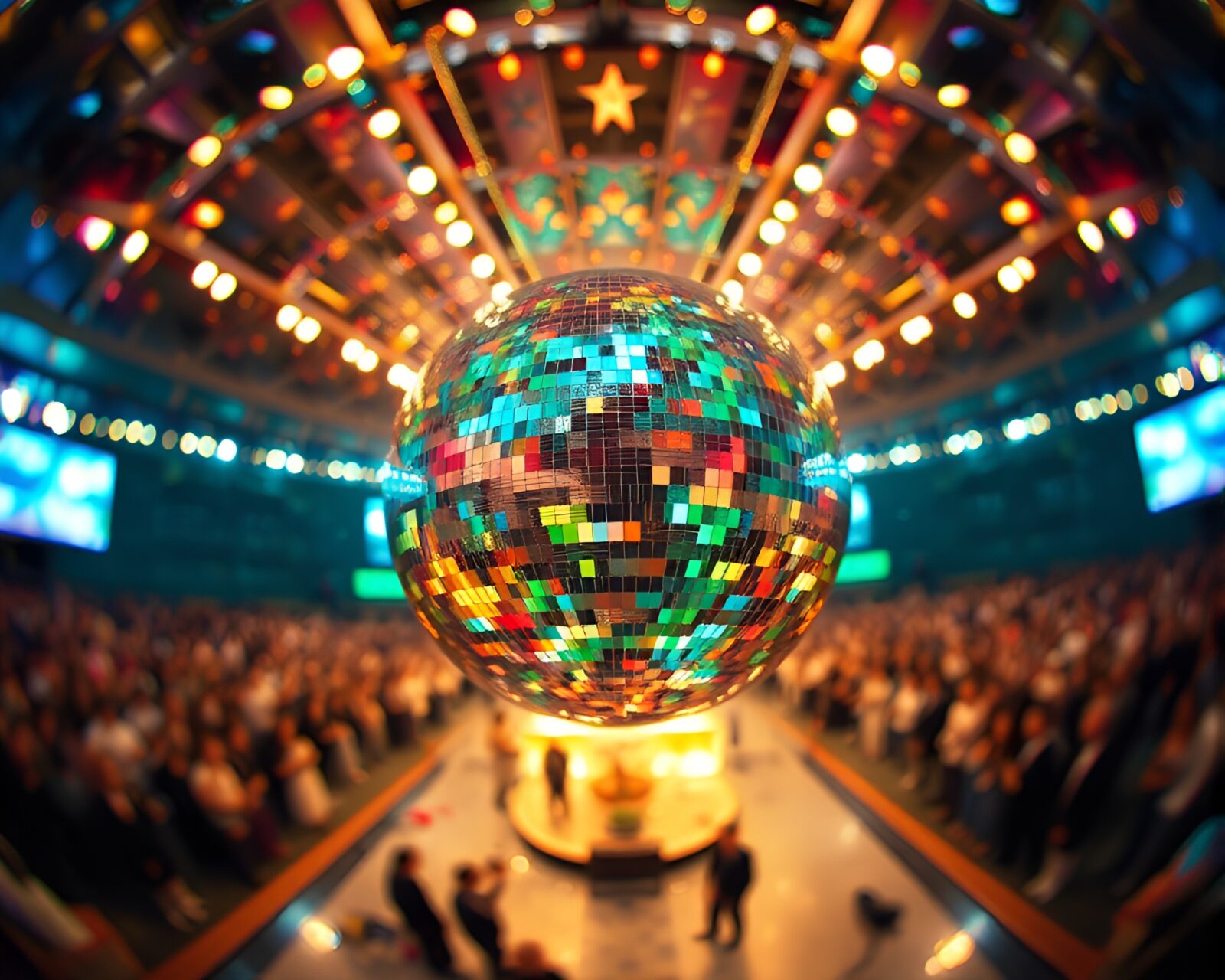 Futuristic Leviathan glowing under tilt-shift disco ball lights