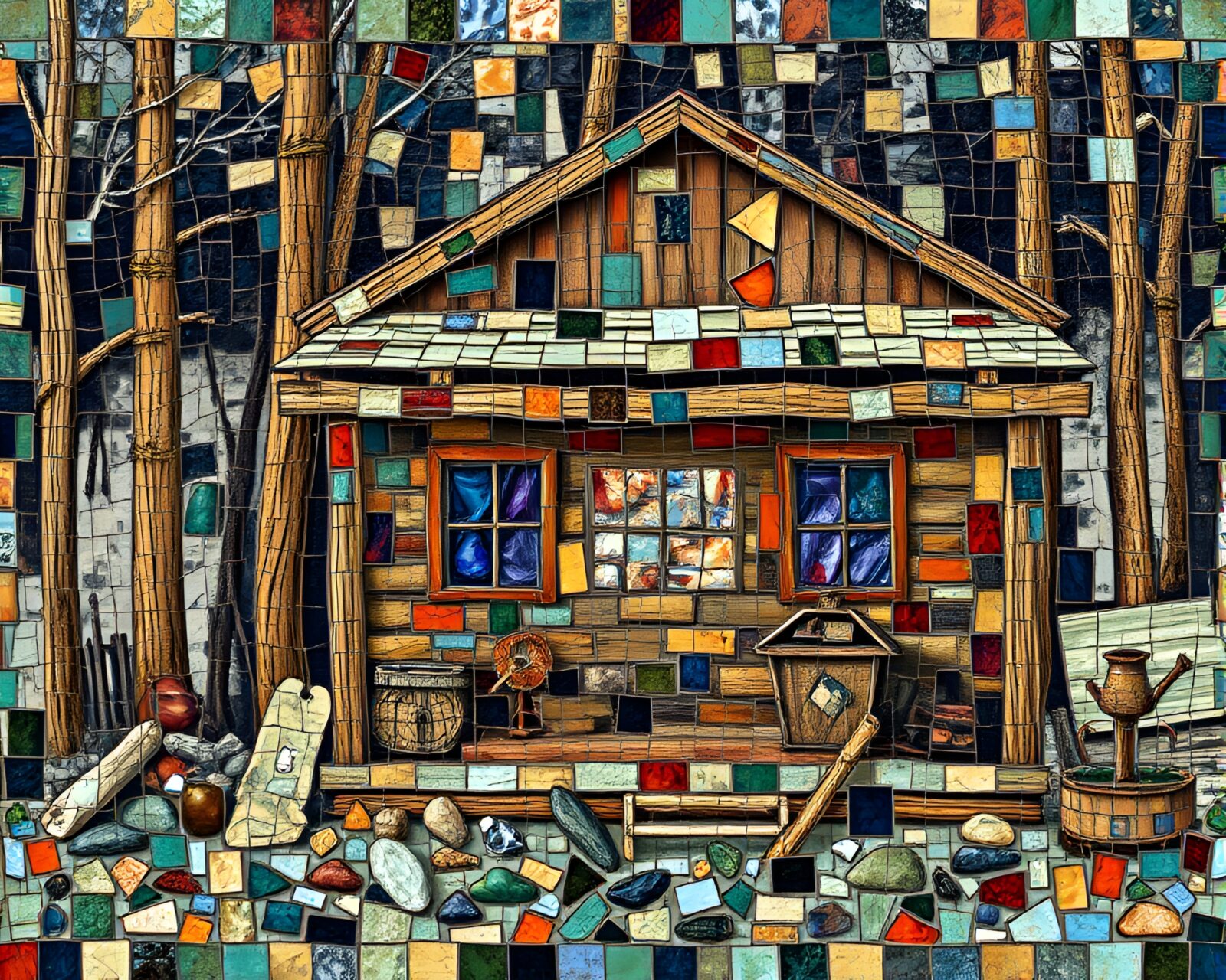 Fragmented mosaic of a rustic cabin with jewel tones