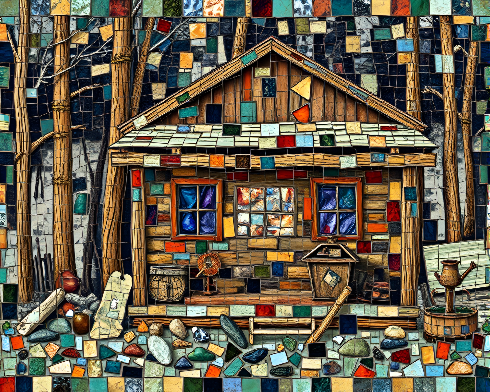 Rustic Cabin Mosaic: Jewel Tones in Low Lighting – free AI stock image