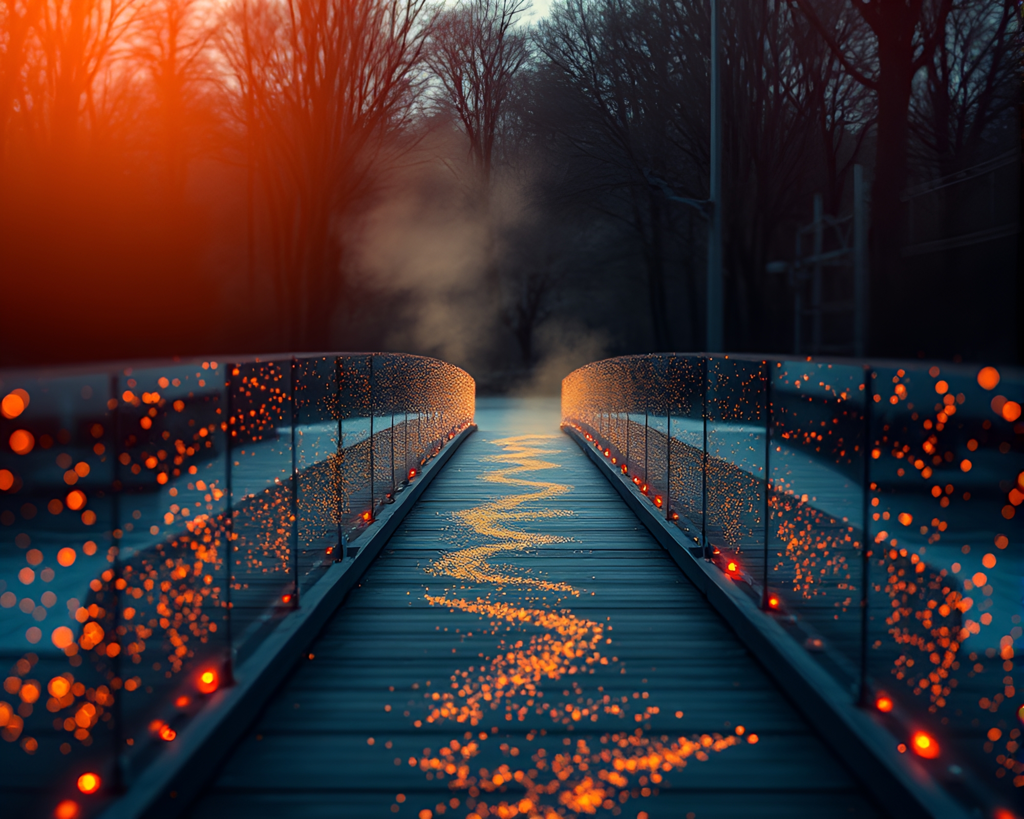Glass Bridge Over Bonfire Glow – free AI stock image