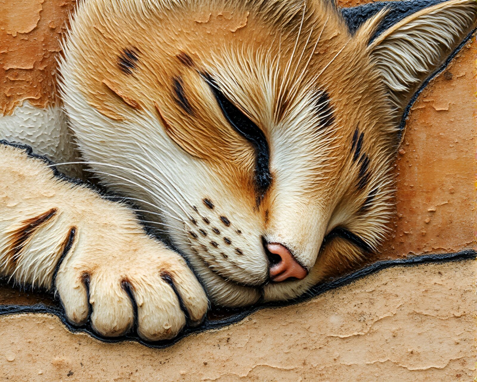 Macro detail encaustic painting of Schrodinger's Cat in desert hues
