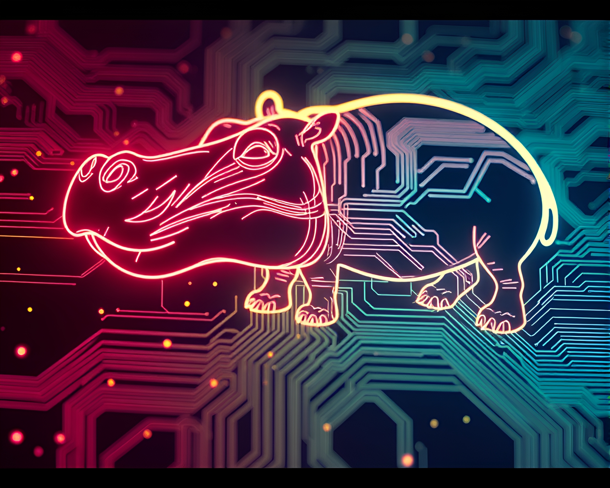 Neon Hippopotamus on Circuit Board Traces – free AI stock image