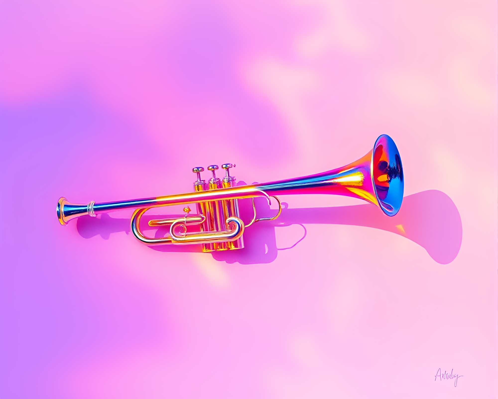 Trumpet Reflection in Holographic Minimalist Gouache Painting – free AI stock image