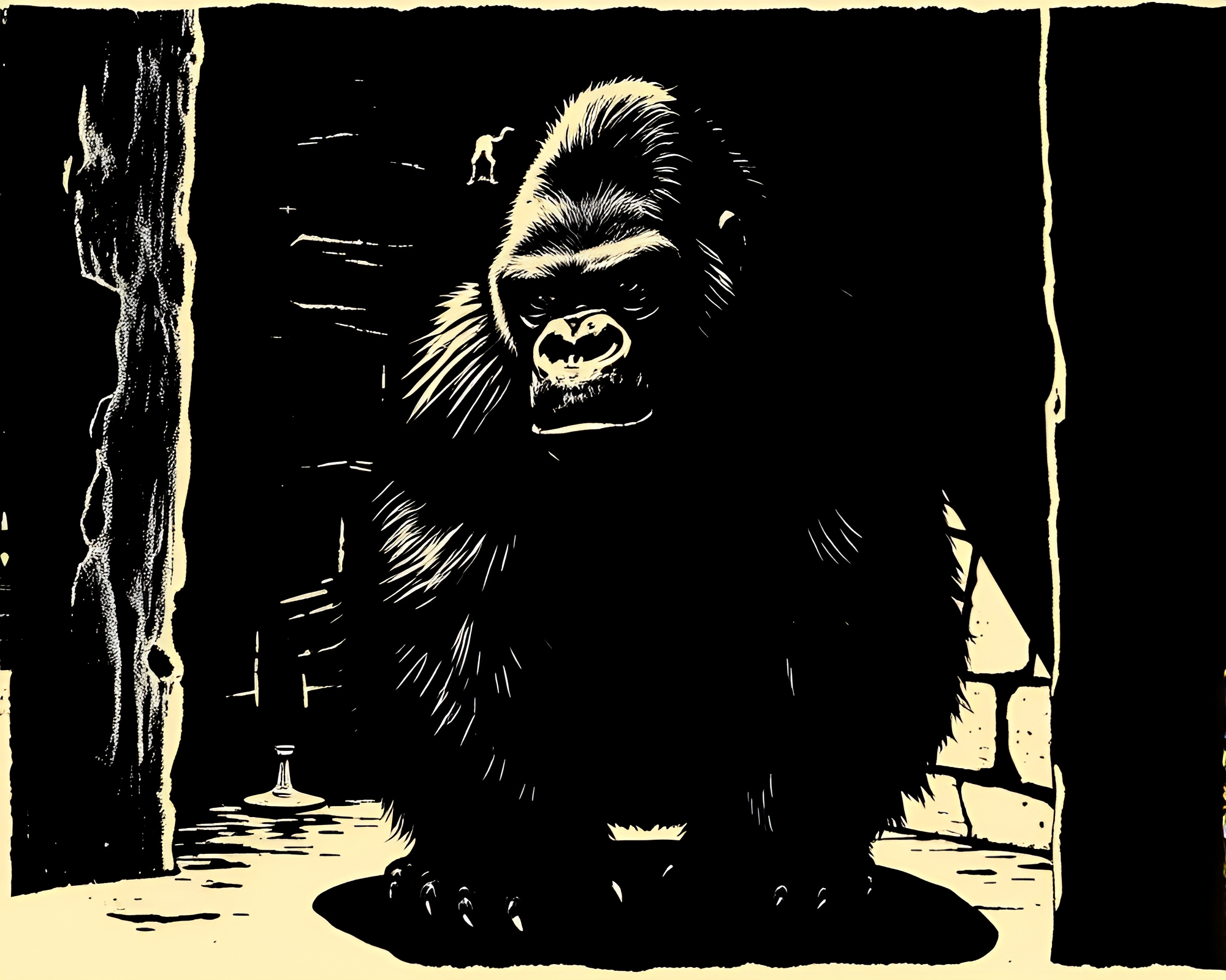 Vector Gorilla in Attic Shadows, Linocut Print Style – free AI stock image