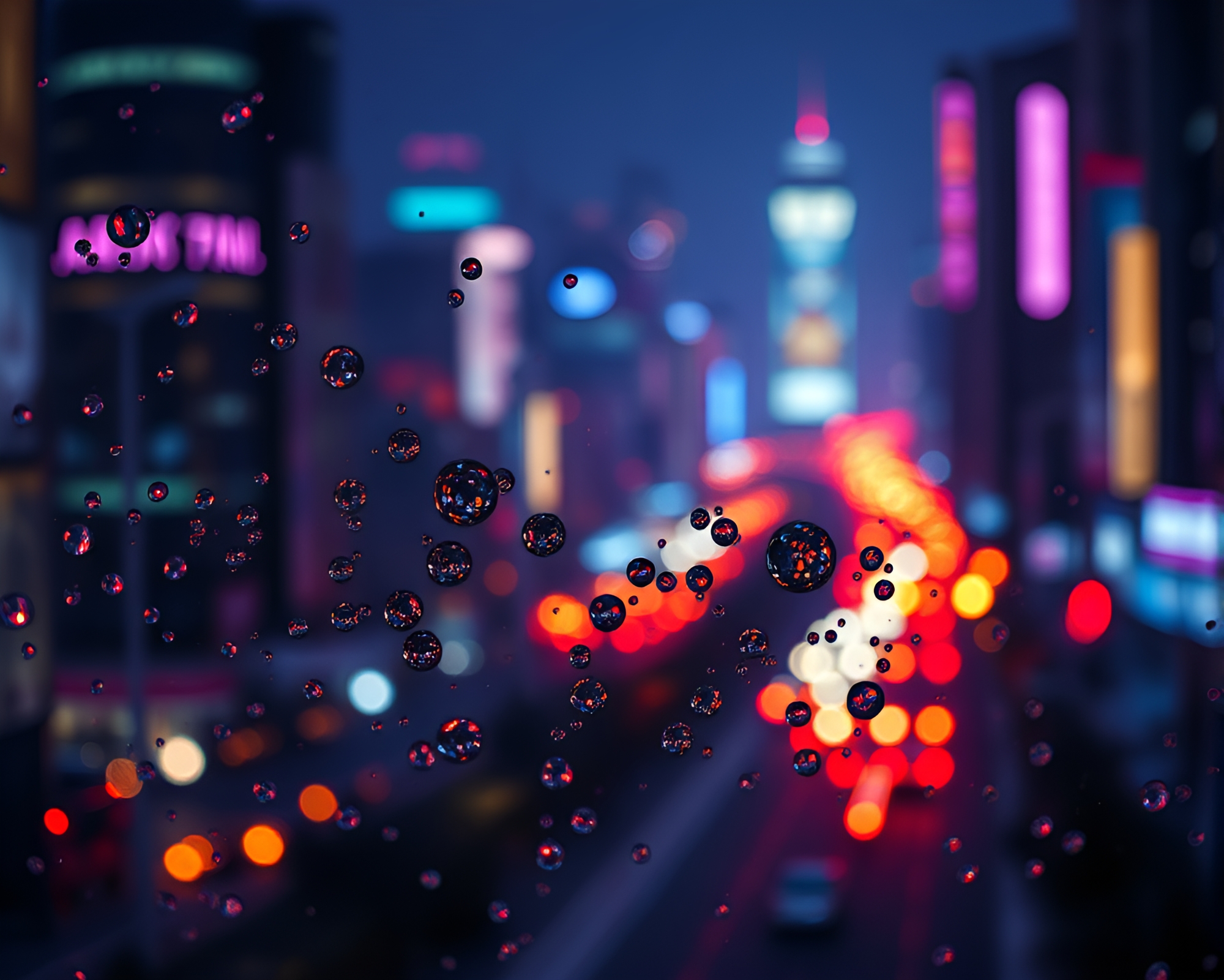 Neon Cityscape Reflections in Rainy Fractal Glass – free AI stock image
