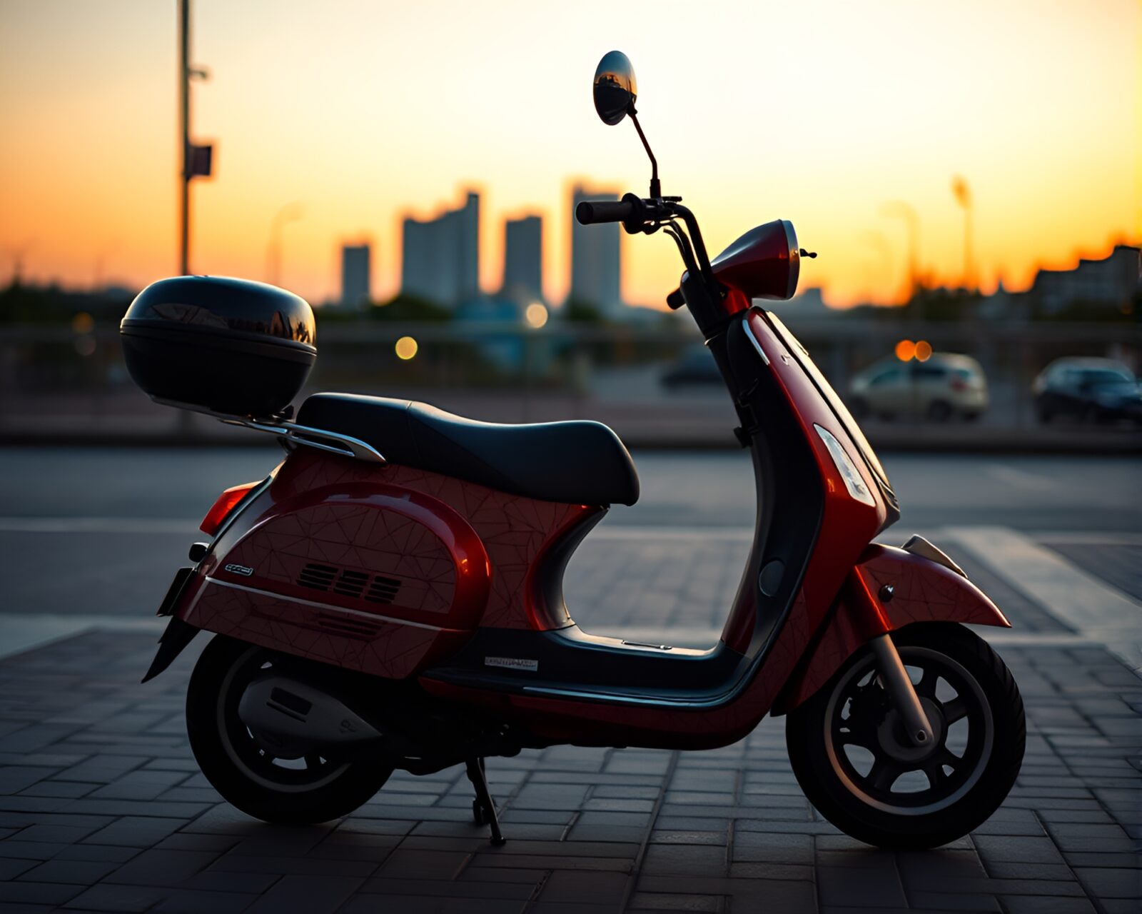 Soft-focused geometric patterns surrounding an electric scooter illuminated by dusk