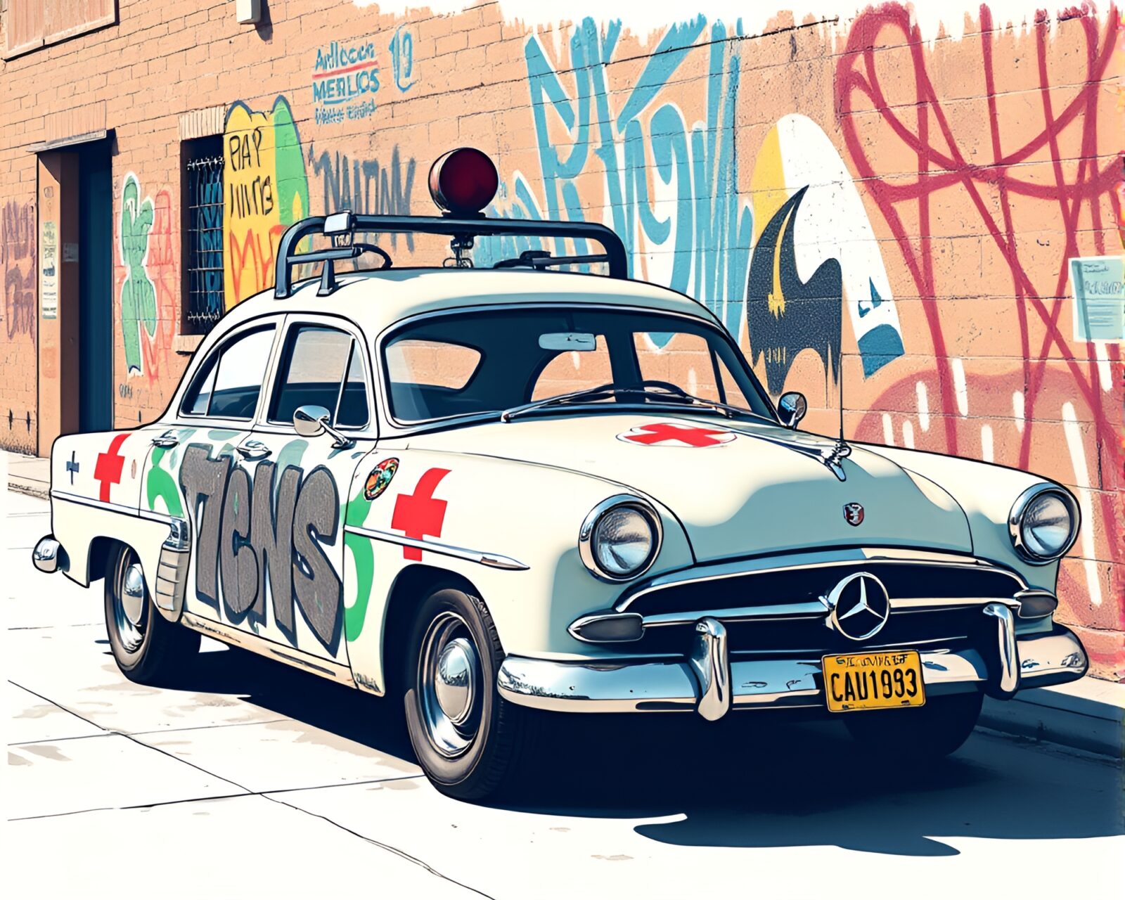 Medium shot of vintage car with medical illustration style