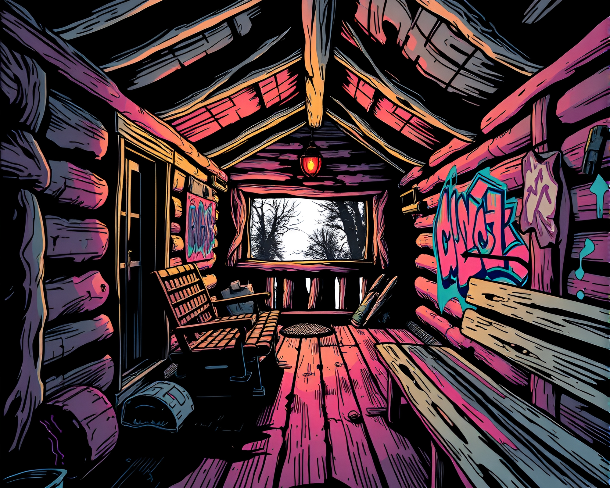 Rustic Cabin Oasis: Graffiti Comic Scan Lines – free AI stock image