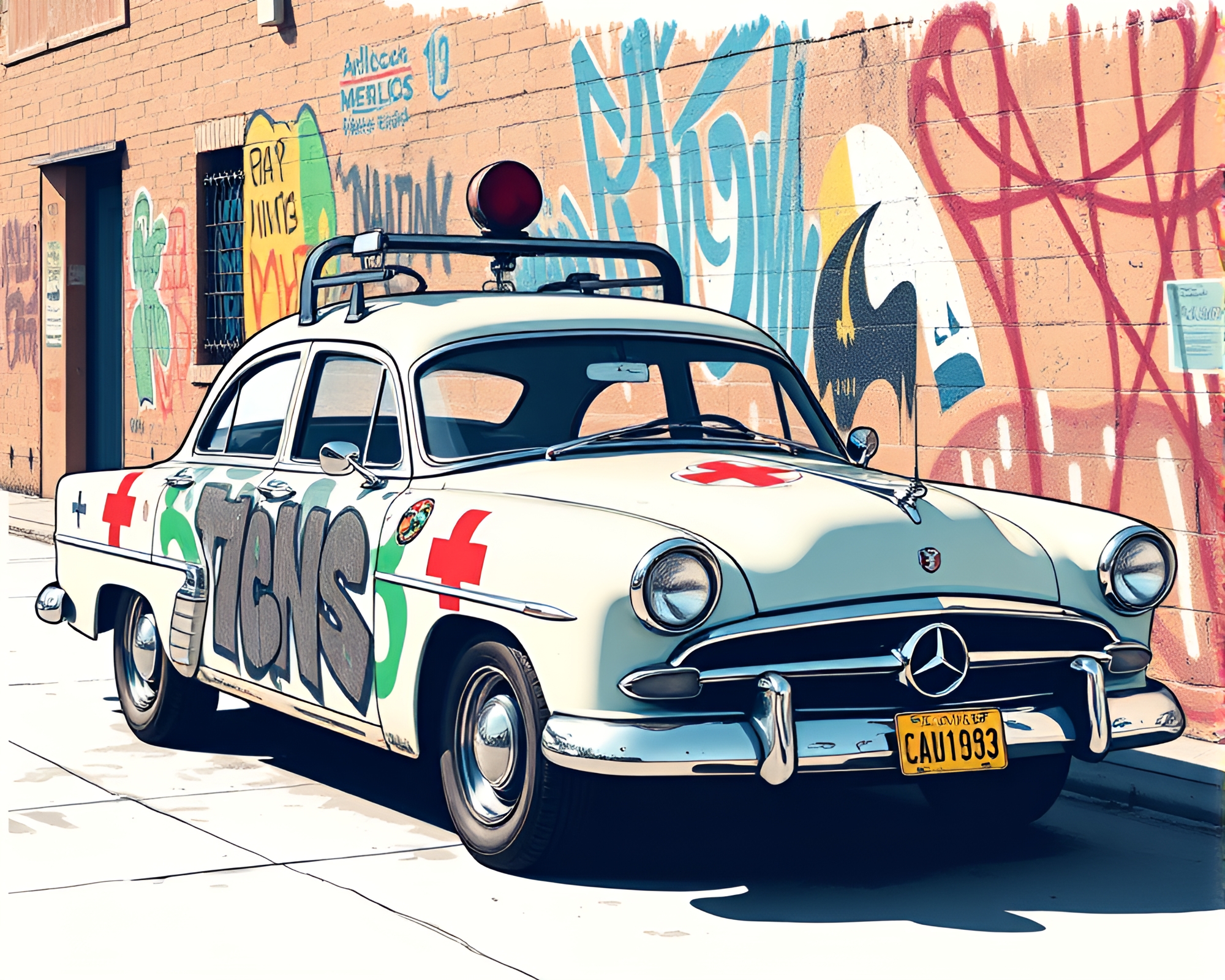 Vintage Car Medical Illustration in Graffiti Colors – free AI stock image