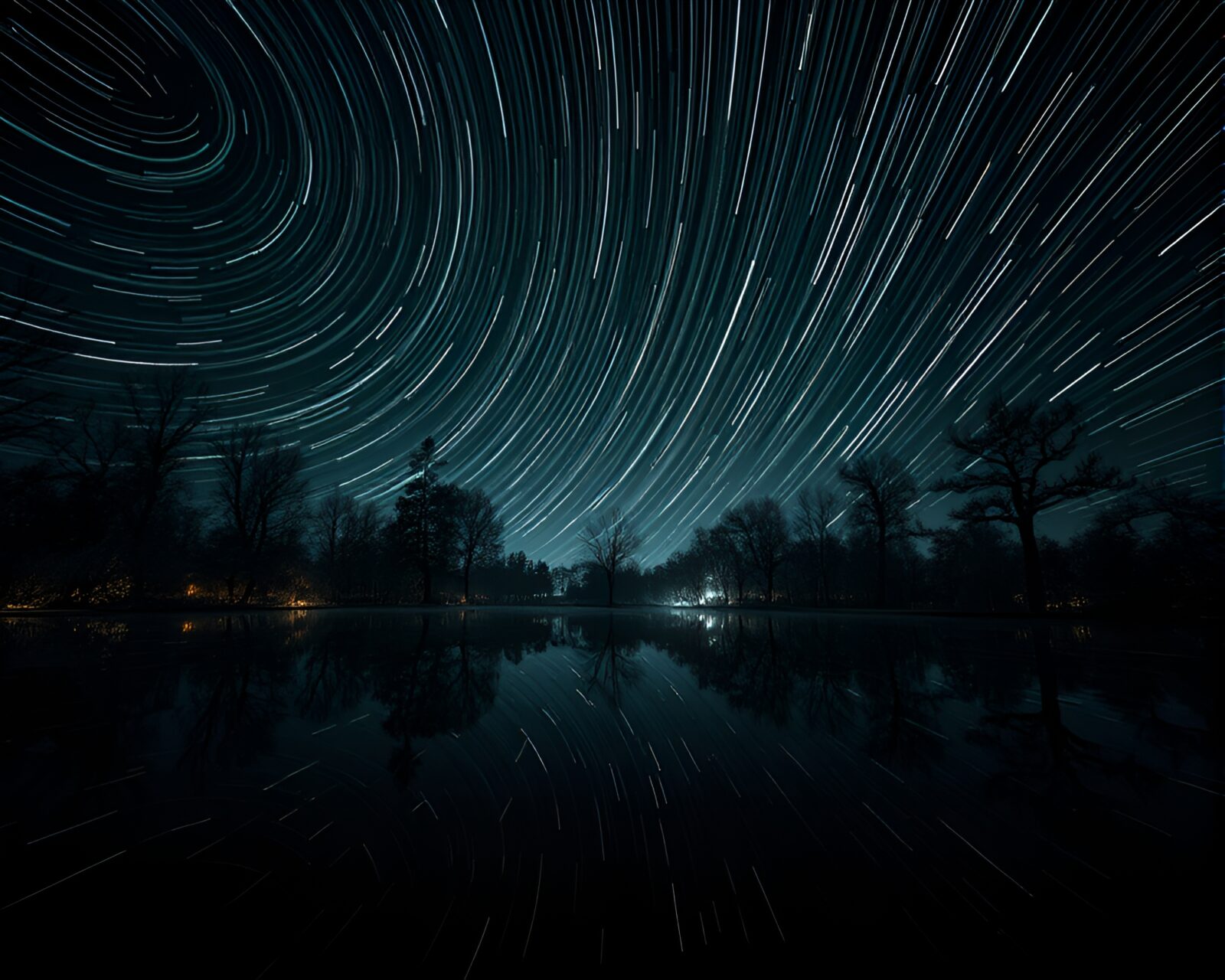 Eerie star trails reflecting in mesmerizing desaturated mirror maze