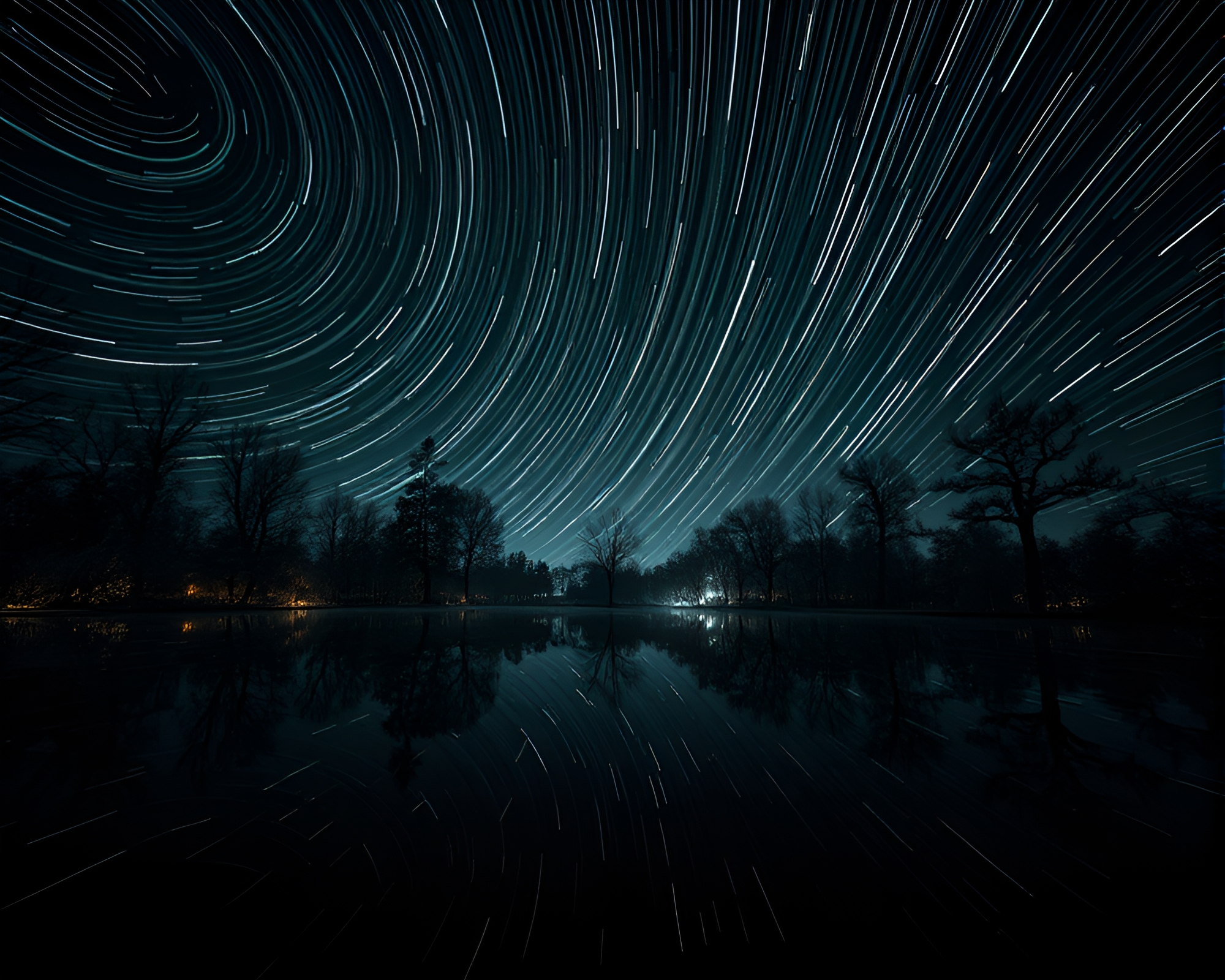 Star Trails Reflecting in Desaturated HDR Mirror Maze – free AI stock image
