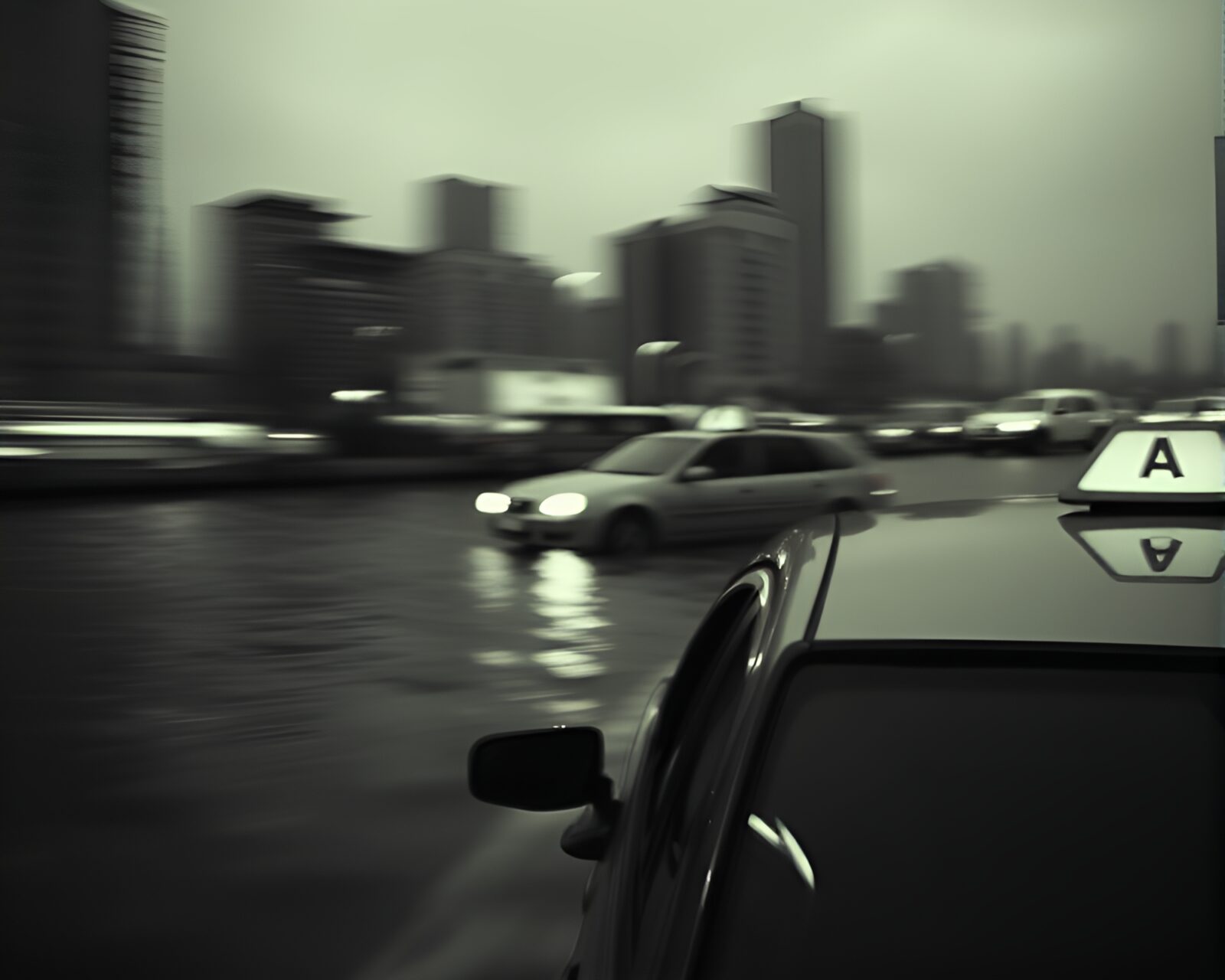 Desaturated stipple art of a taxi in motion and hydrofoil boat